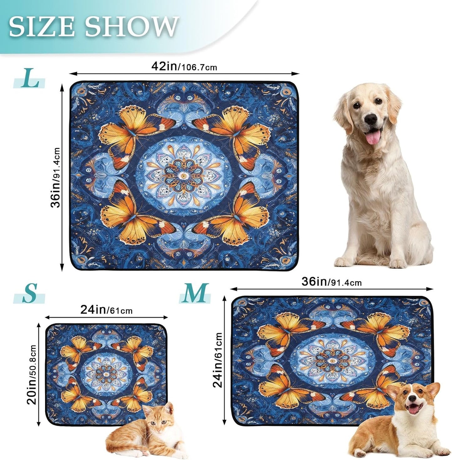 Washable Pee Pads for Pets Yellow Butterfly Blue Mandala Reusable Cats and Dogs Mats