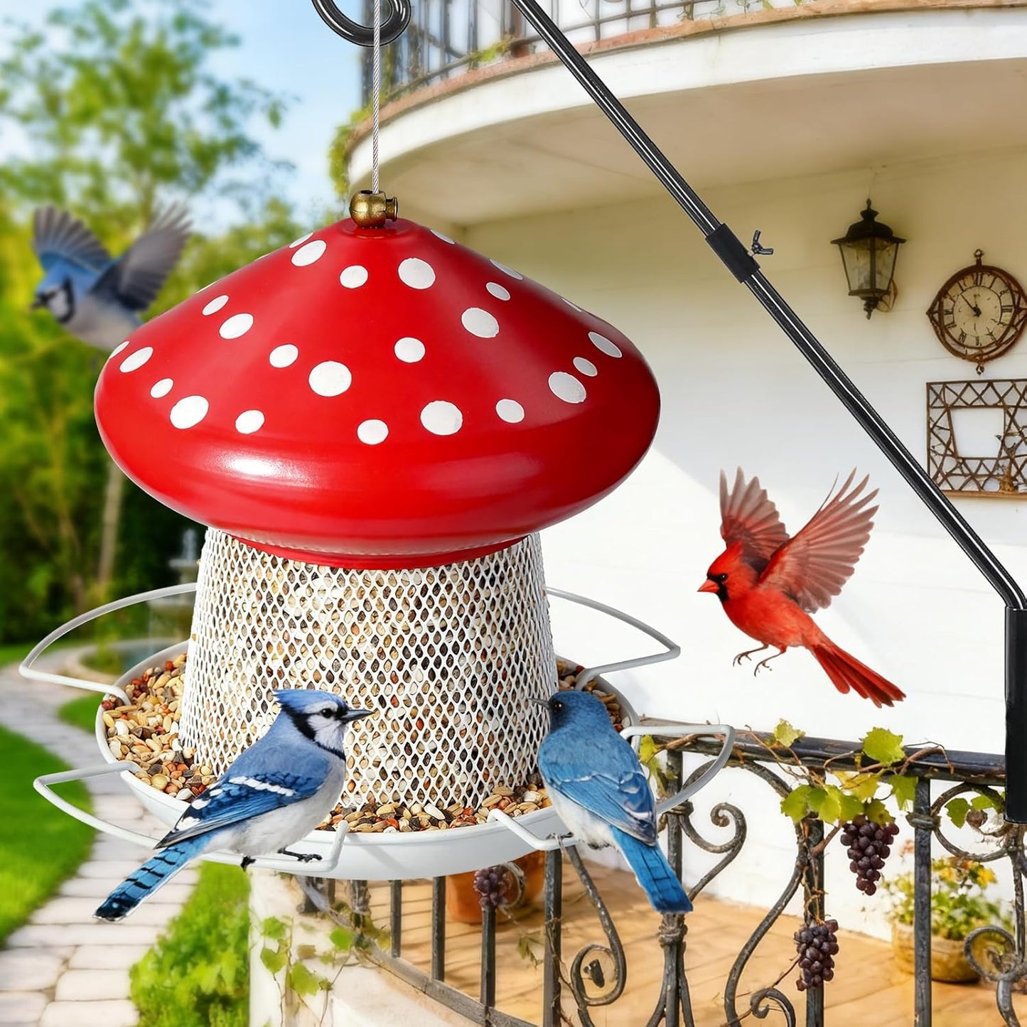 Bird Feeder, Heavy Duty Metal Bird Feeders for Outdoor Hanging, Cute Mushroom Shape Wild Birdfeeder for Outside Garden Yard (Red)
