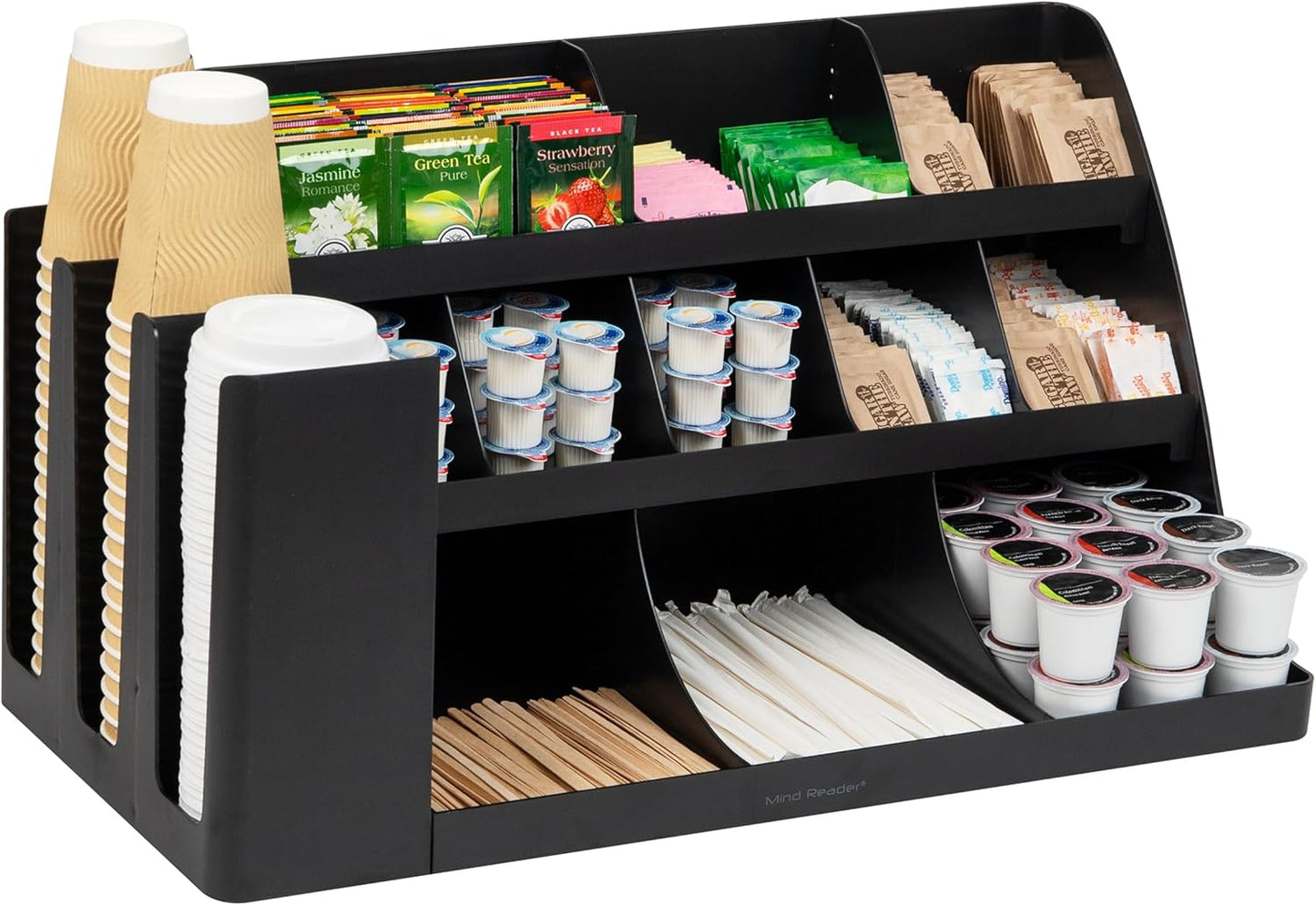 Mind Reader Extra Large Cup and Condiment Station, Countertop Organizer, Coffee Bar, Kitchen, Stirrers, 24"L x 11.5"W x 12.5"H, Black