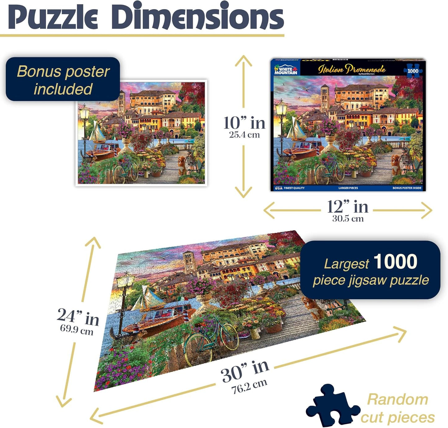 White Mountain 1000 Piece Jigsaw Puzzle Scenic Italy Landscape Puzzles with Large Pieces for Adults and Family 24"x30" – Italian Promenade