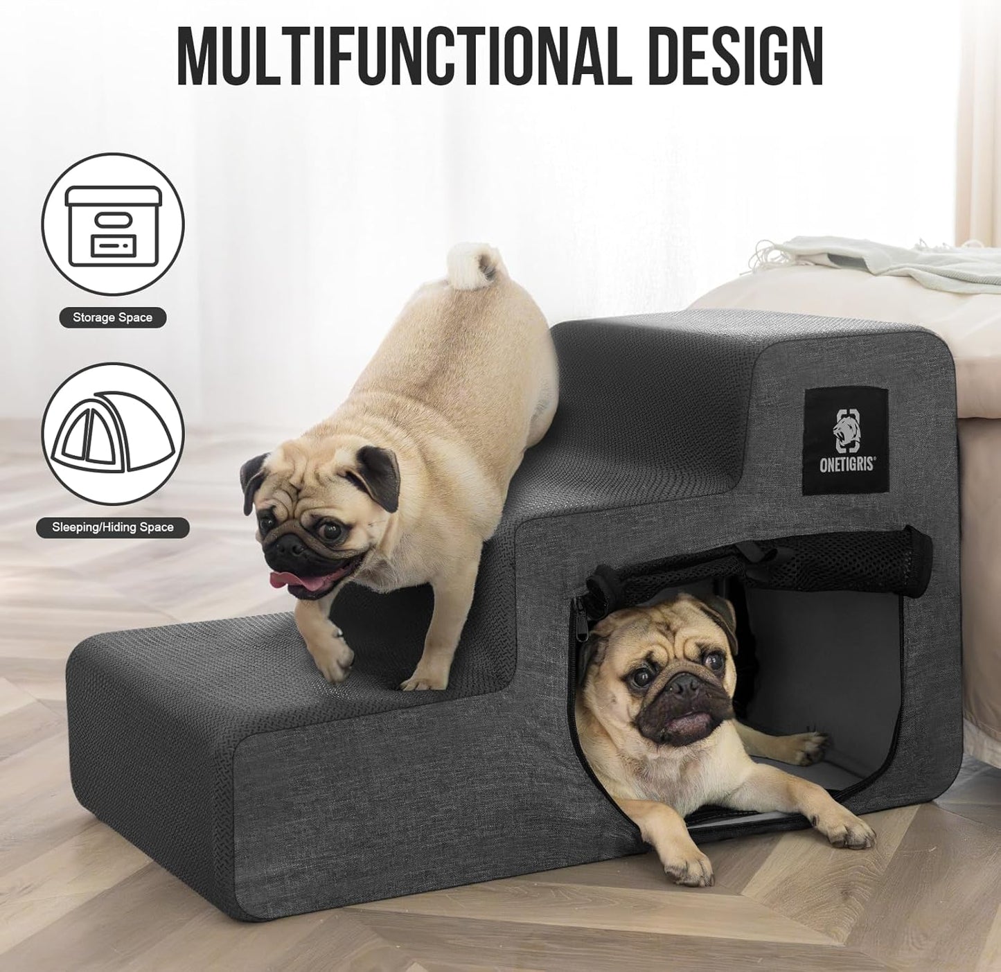 OneTigris Dog Stairs for Small Dogs, 4-Step Dog Ramp for Bed 22.5" H, Dogs Steps for Bed, Couch, Pet Stairs with Non-Slip Bottom Design, Cat Scratching, Pet Steps, Indoor, Grey
