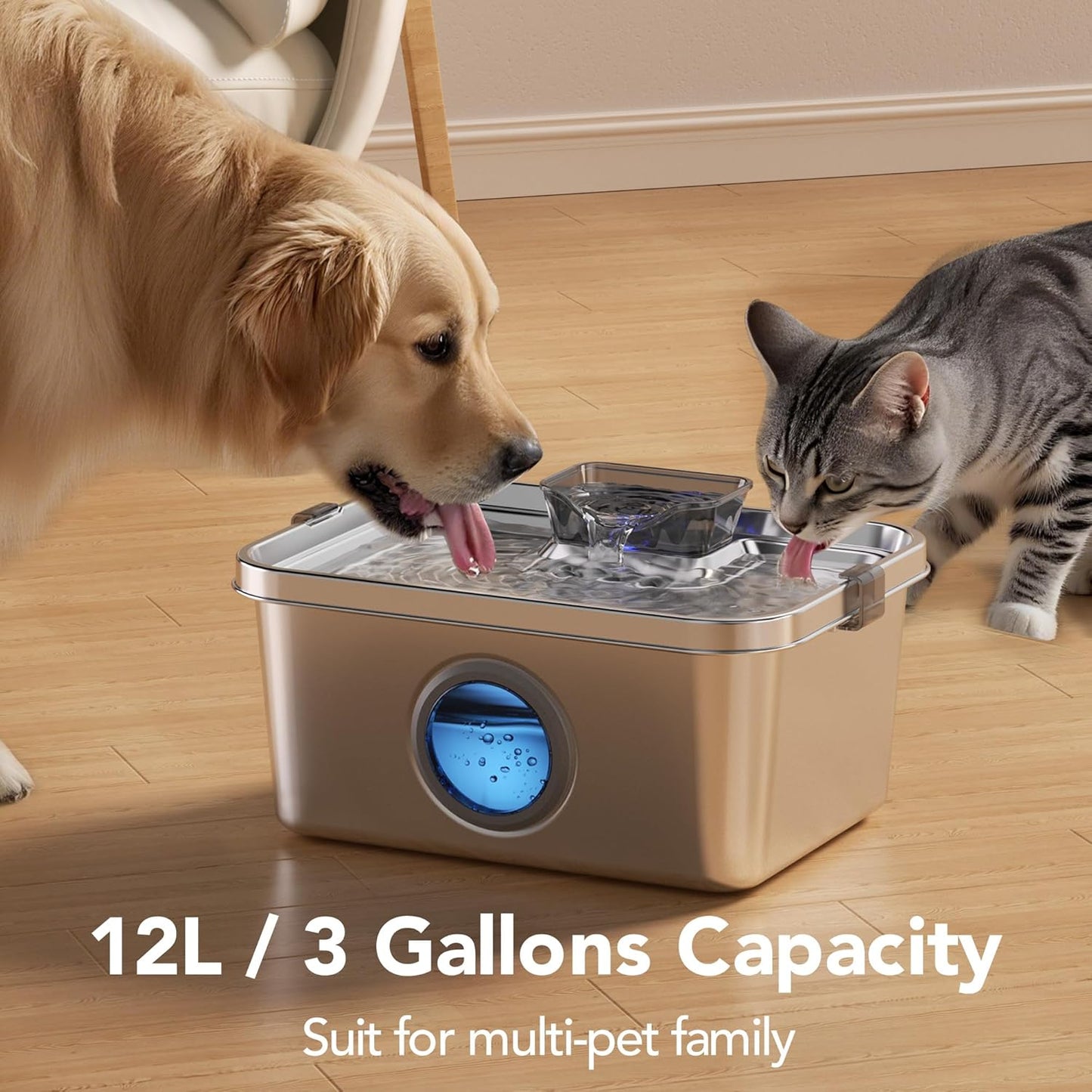 Dog Water Fountain, 3 Gallons Stainless Steel Dog & Cat Water Fountain, Large Pet Water Fountain for Multiple Pets, Ultra Silent, Wide Mouth, Safety Lock, 3 Filters Included, Smart Water Pump