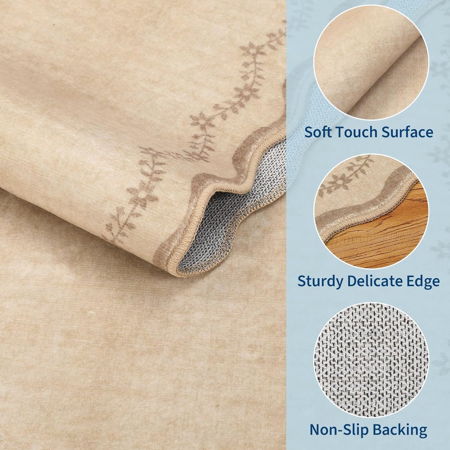 GarveeHome 4x6 Jute Scalloped Washable Area Rug for Nursery Room, Solid Floral Soft Nursery Rug Non Slip Low Pile Small Carpet Stain Resistant Throw Rug for Dorm Kids Room Office Dining Room