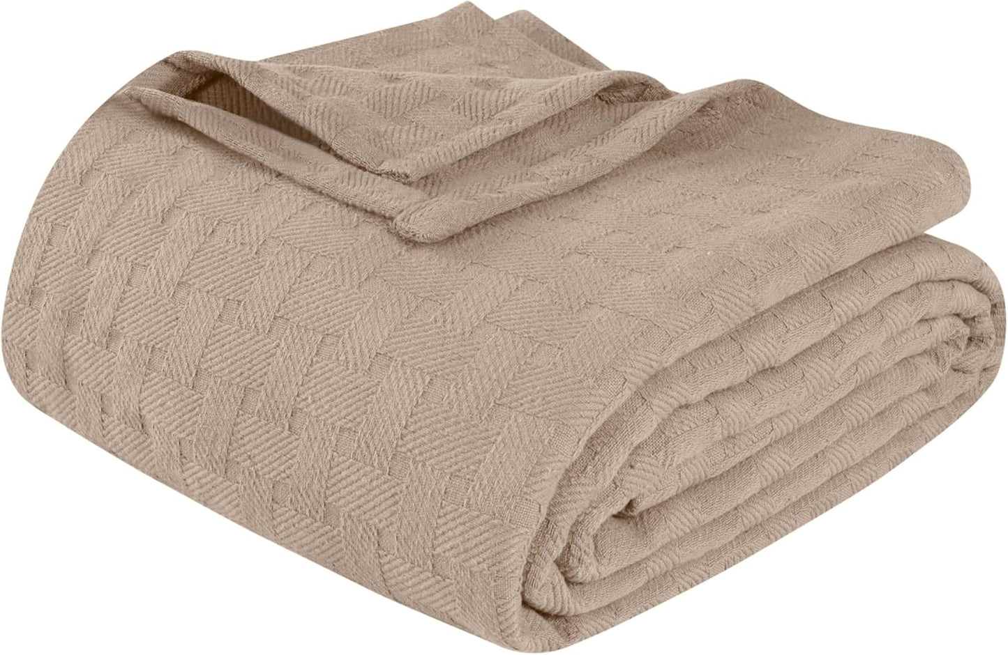 Superior Basketweave Cotton Blanket, Basket Weave Design, Soft, Comfy Cover for Bed, Bedding, Bedroom, Couch Throw, Lounging, Modern Boho Medium Weighted Blankets, Full/Queen, Khaki