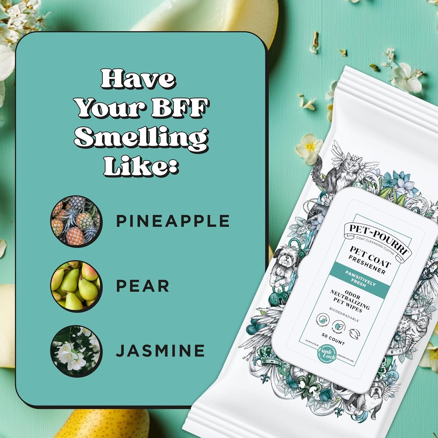 Poo-Pourri Pawsitively Fresh Deodorizing Pet Wipes – Quick Cleaning Wipes for Dogs & Cats – Plant Based Ingredients – Vet Recommended – Cleaner Odor Remover Wipes for Paw, Fur & Skin Soothing