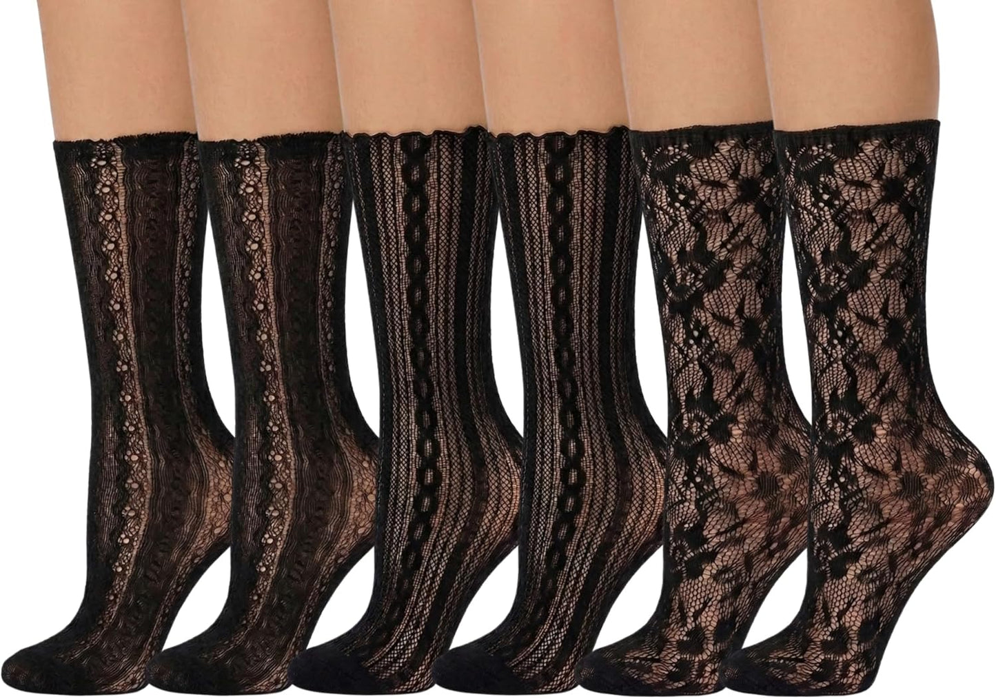 6 Pairs Black Lace Socks for Women, Sheer Mesh Crew Socks for Loafers & Heels, Elegant Floral & Vertical Striped Trouser Socks, Coquette Balletcore Aesthetic Fashion Hosiery by Daisy&Dino