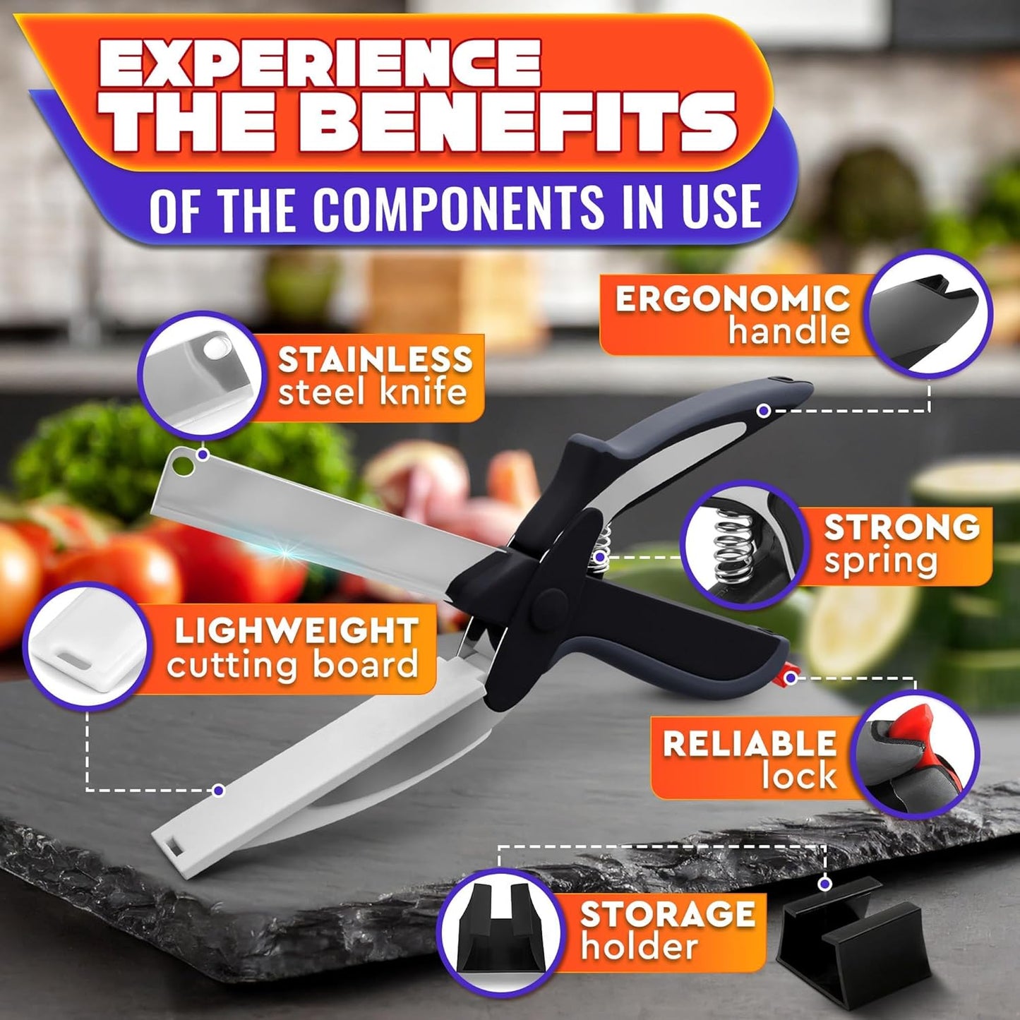 2 in 1 Kitchen Scissors for Food – Stainless Steel Blade & Plastic Cutting Board Scissors with Safety Lock | 9.5" Tomato Knife, Fruit & Vegetable Cutter – Easy-to-Use Kitchen Shears for Meat, Cheese