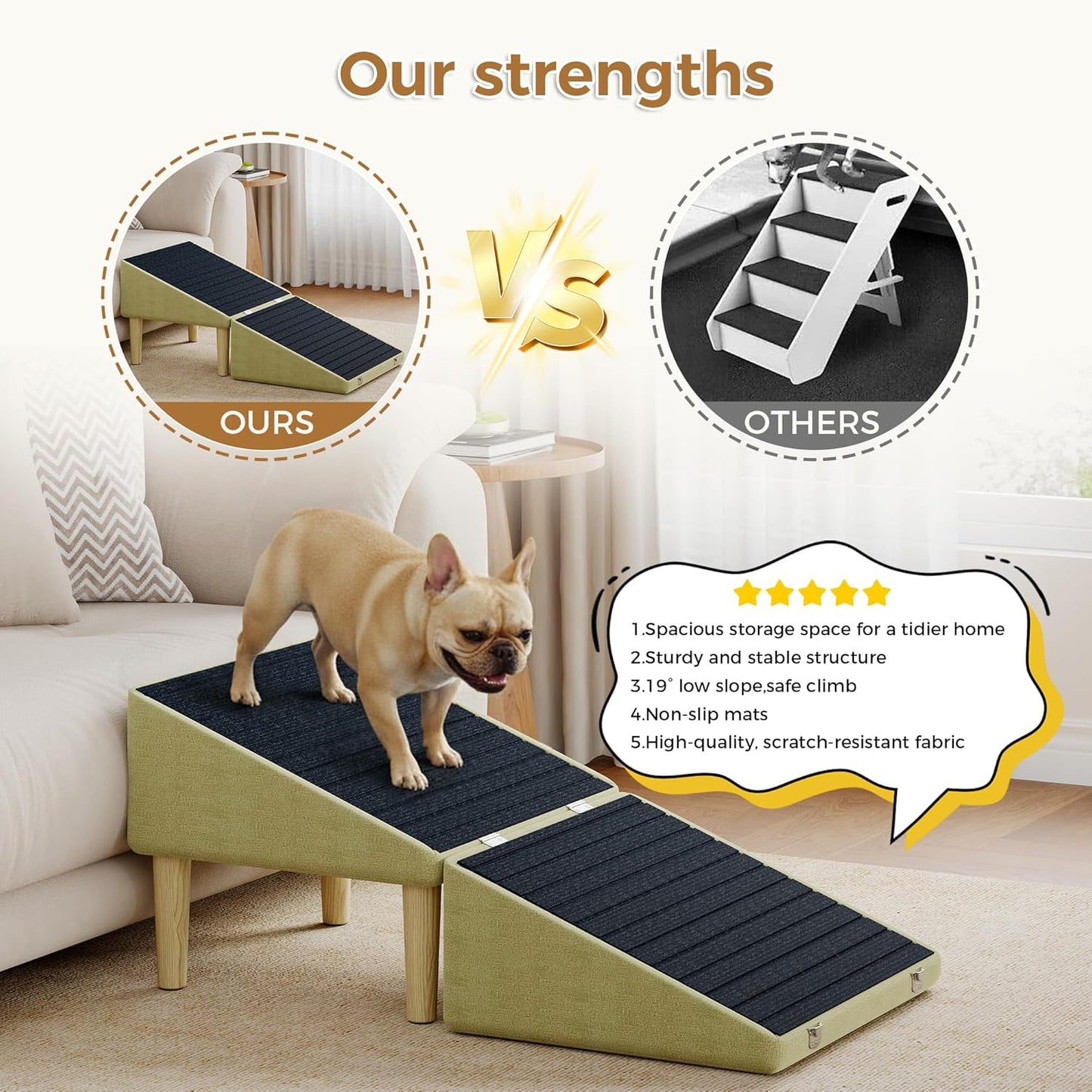 3-in-1 Dog Ramp Pet Stairs 18.9"x17.72"x19.29" with Hidden Storage Ottoman, Anti-Slip Steps for Small, Medium, Large, Senior & Injured Pets, 220LBS for Bed & Sofa, Green