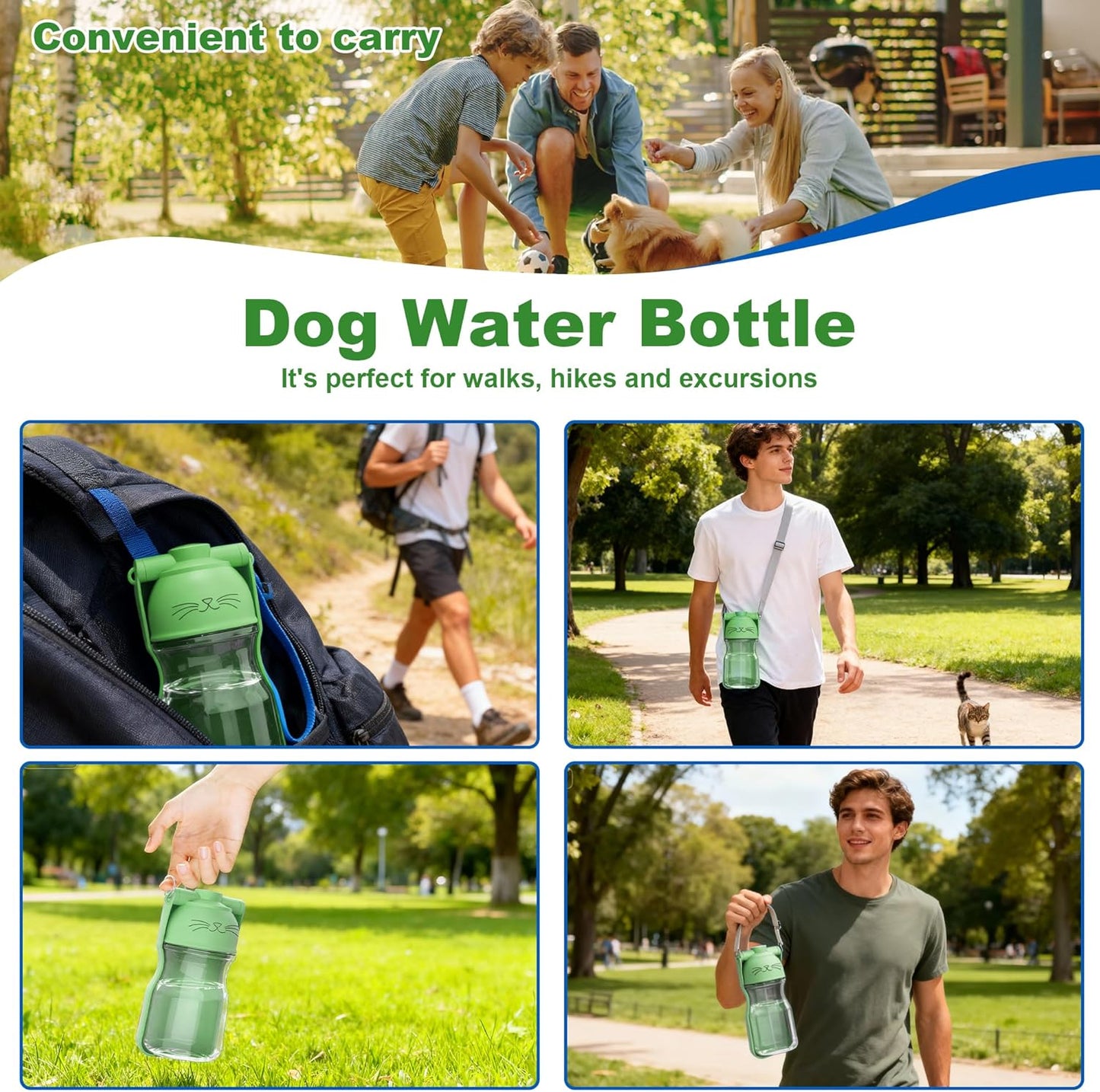 Dog Water Bottle, Portable Leak-Proof Water Dispenser with Drinking Bowl for Dogs and Cats, Travel Puppy Fountain Pet Water Bottle for Hiking Walking Outdoor (A012B-Green)