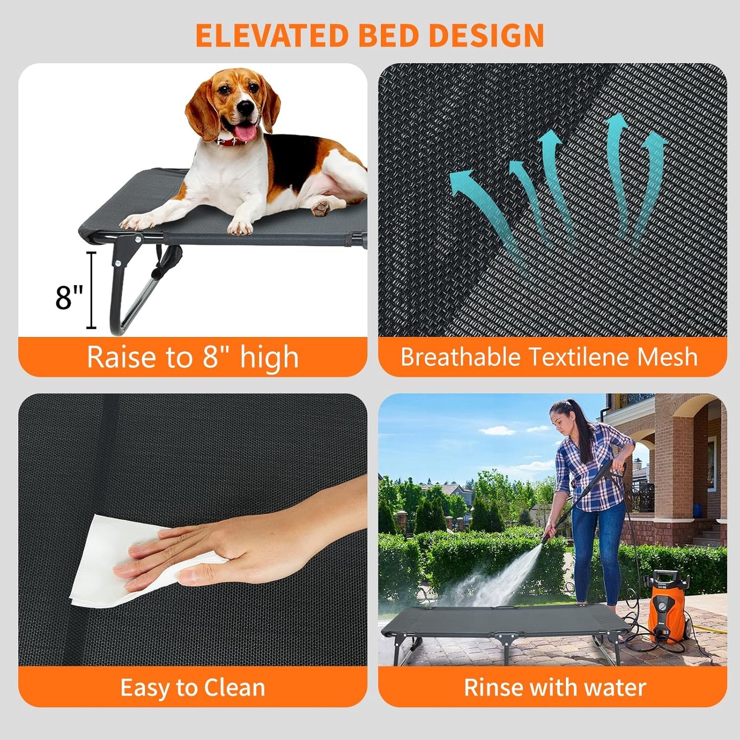 Elevated Dog Bed for Large Pet with No-Slip Feet, Foldable Portable Washable Raised Bed for Indoor&Outdoor Camping Dog Cot, with Cooling Waterproof Breathable Mesh (Medium, Black-Textilene)