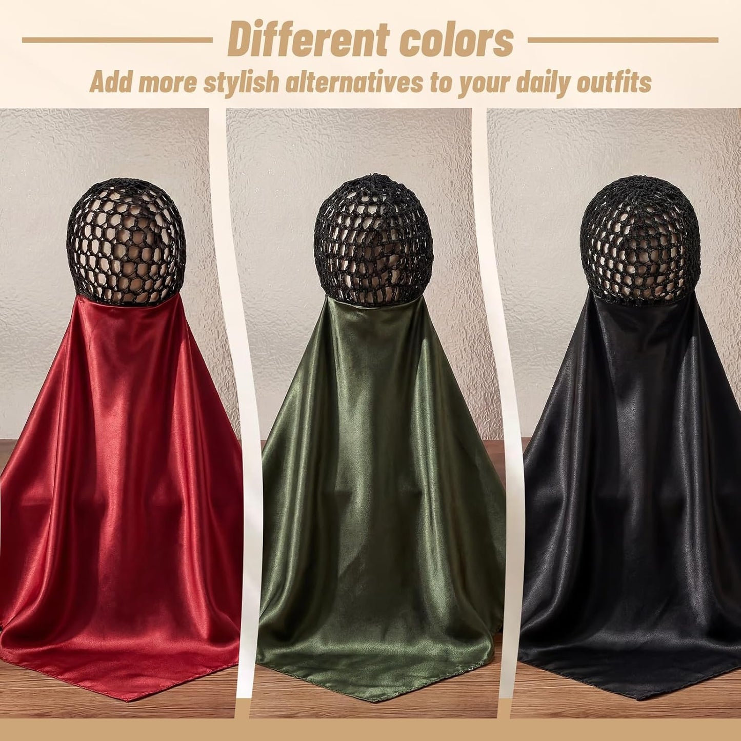 3 Pcs Wrap Hair Net with Scarf, Easy-to-use Head Wrap for Silk Press & Nighttime Care, Ideal for Styling, Sleep & Shower Cap(Classic Minimalist,Red Black Green)