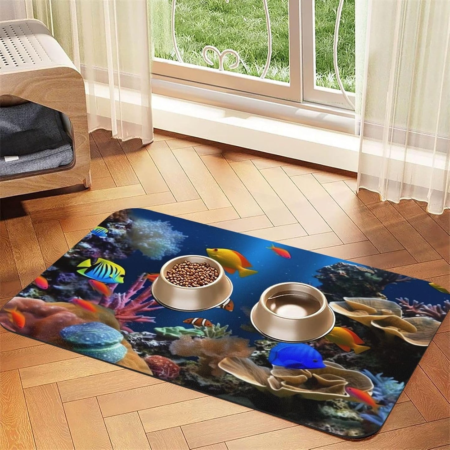 Marine Life Pet Feeding Mat 30x45cm Absorbent Leather Dog Cat Food Mats Non-Slip Dog Bowl Mats for Food and Water, Quick Dry Pets Placemats for Cats and Dogs Water Bowl