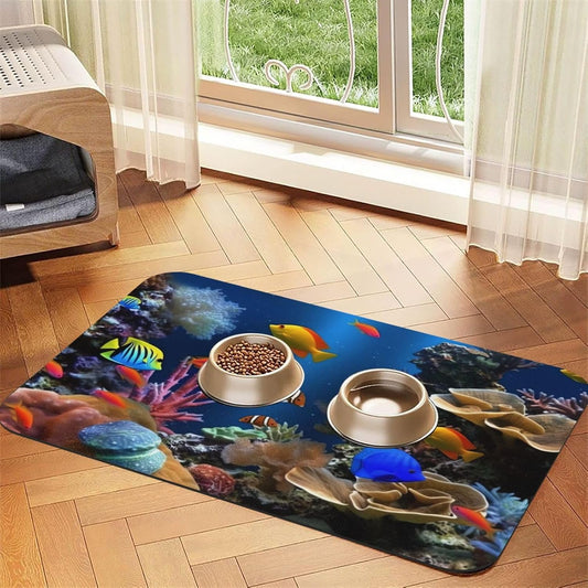 Marine Life Pet Feeding Mat 30x45cm Absorbent Leather Dog Cat Food Mats Non-Slip Dog Bowl Mats for Food and Water, Quick Dry Pets Placemats for Cats and Dogs Water Bowl