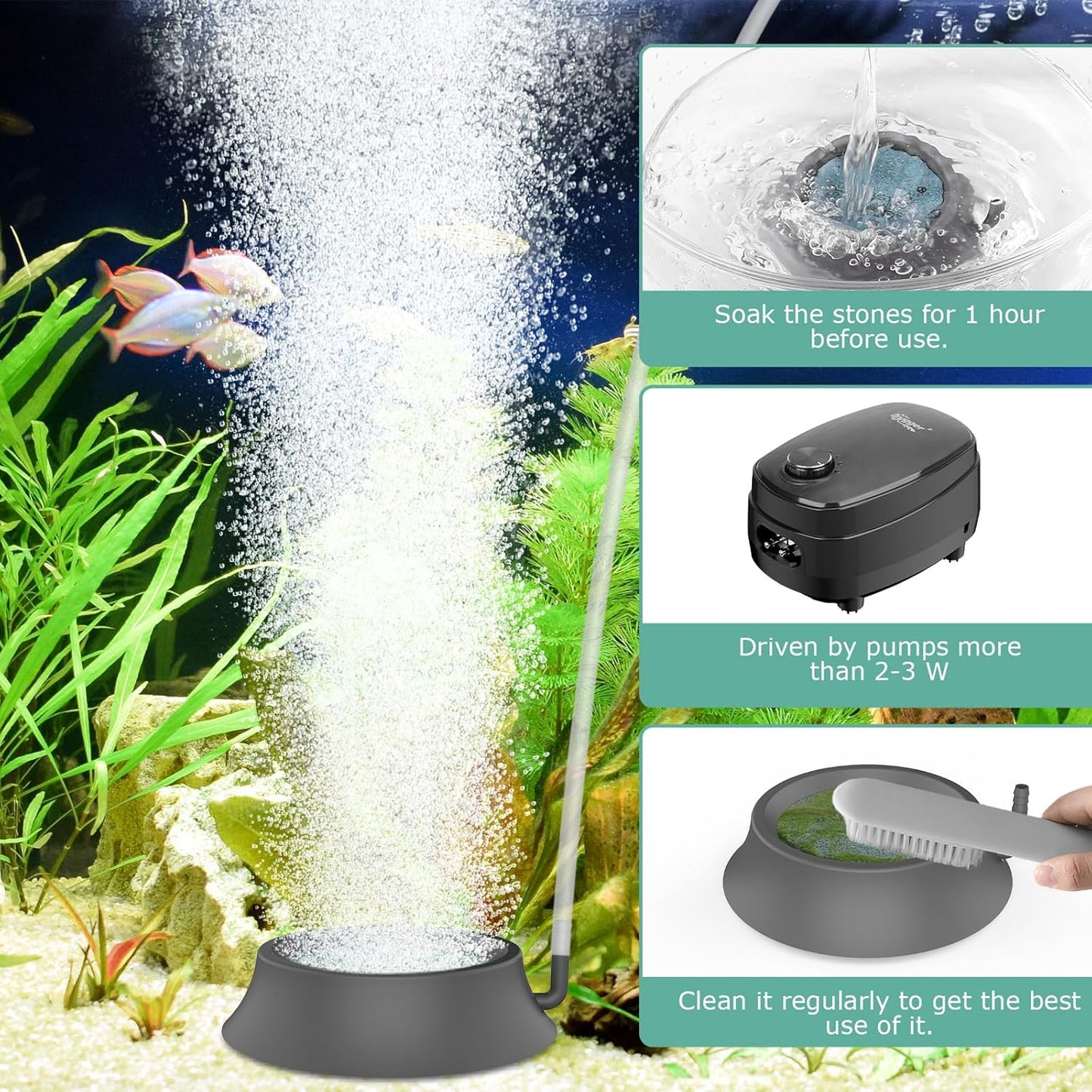 hygger Aquarium Air Stone, Fish Tank Bubbler Aerator with Stainless Steel Base, Oxygen Diffuser for Nano Air Pumps Hydroponics Small Ponds and Fish Tanks