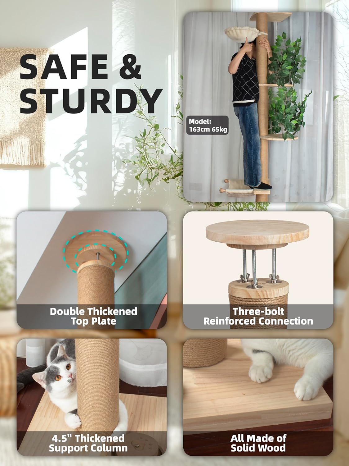 Cat Tree Floor to Ceiling Cat Tower Ajustable Height 97.1-124.4 Inches Tall and 4.5 Inches Thickened Post Large Cat Tree Tower for Indoor Cats Modern