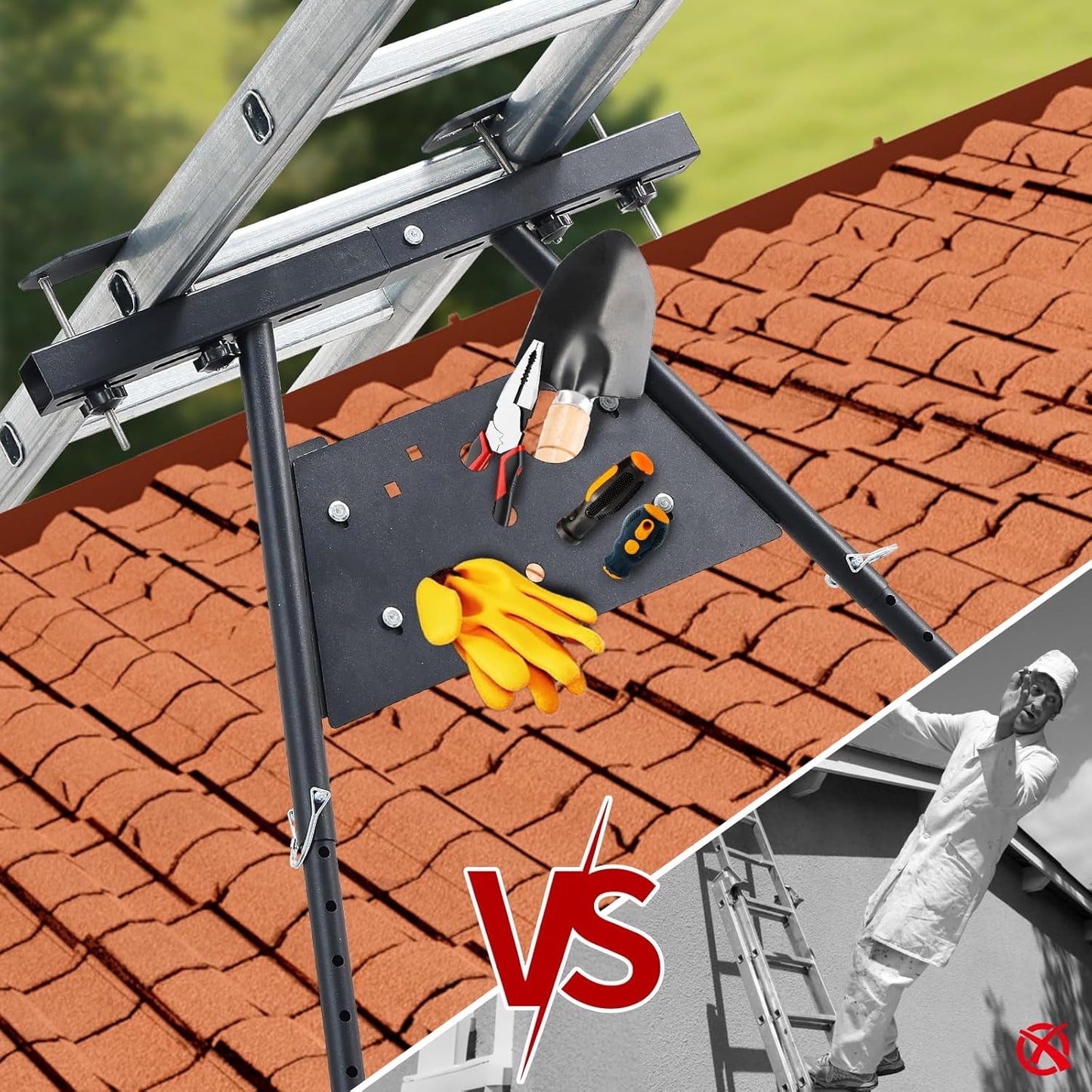 Ladder Stabilizer, Roof Ladder Stabilizer with Adjustable Legs 20.4-29.5" Built-in Tool Tray and Non-Slip Rubber Feet Suitable for Roof Gutters Roof Repairs Window Cleaning Snow Removal