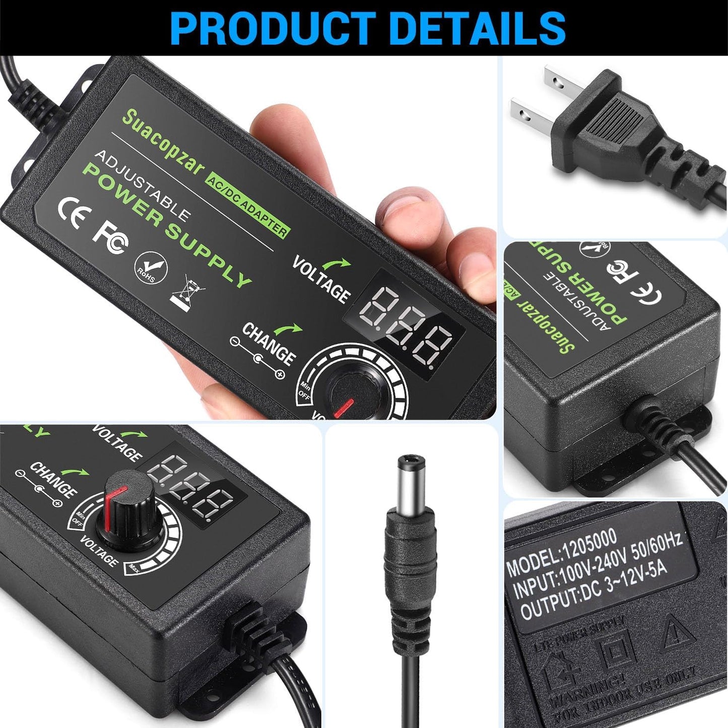 60W Power Supply Adjustable DC 3V ~ 12V 5A, Variable Universal Switching AC/DC Adapter with LED Display, 100V-240V AC to DC Converter with 5.5x2.1mm & 5.5x2.5mm, Variable Adapter for LED Strip Light