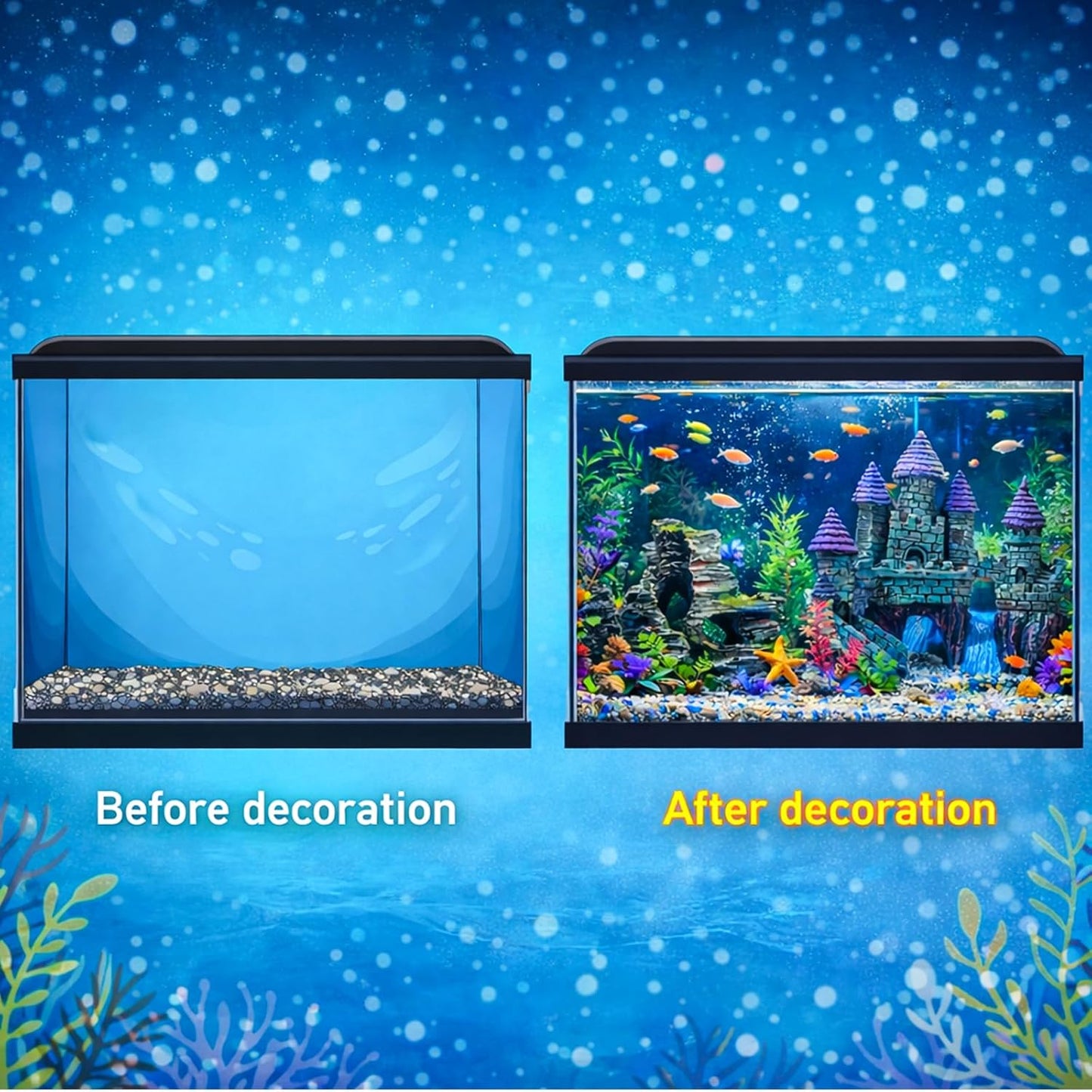 13 Pieces Aquarium Decorations Kit, Fish Tank Decorations Set Small Resin Castle and Rockery Betta Fish Cave Hideout Coral Artificial Plastic Plants Ornament Accessories