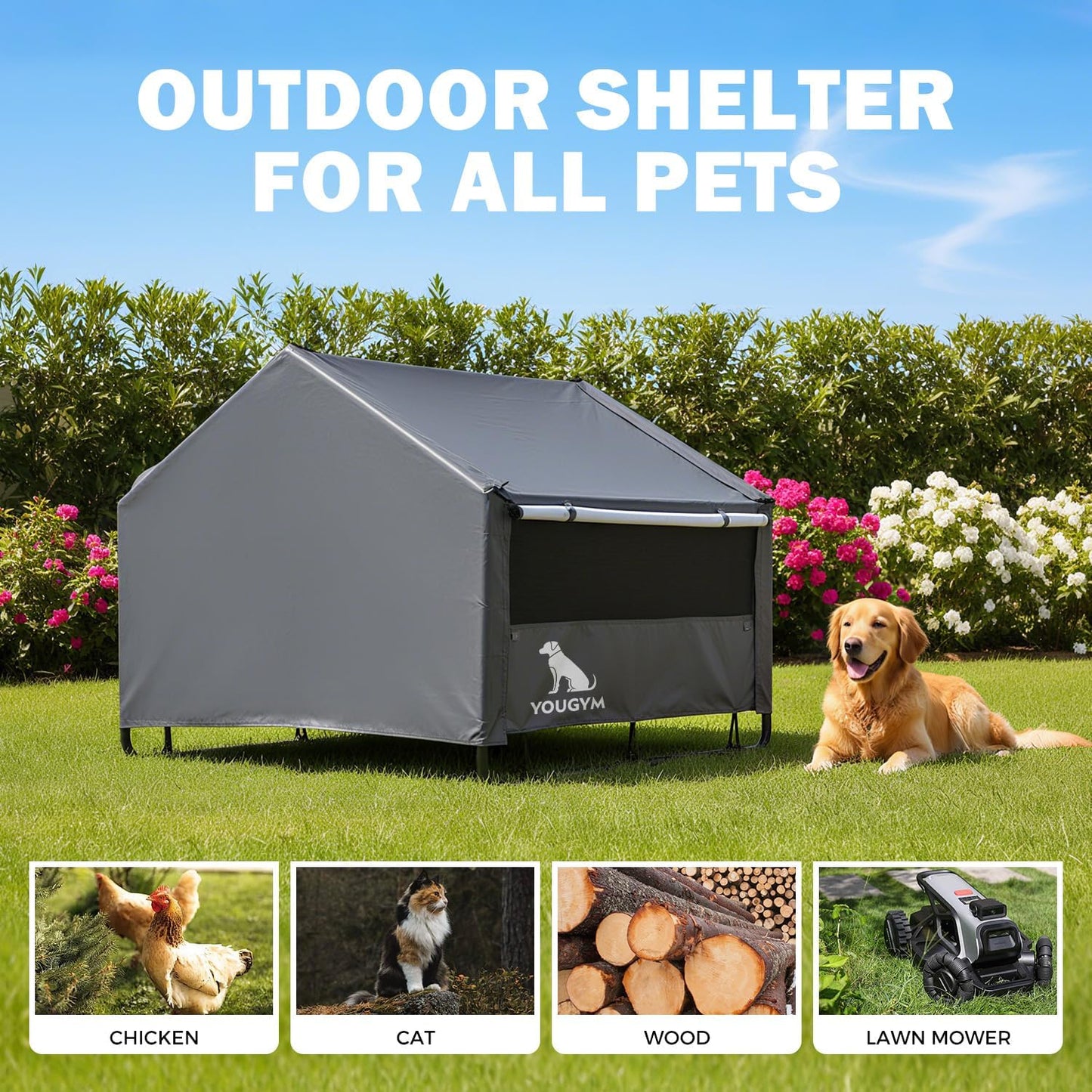 XLarge Outdoor Dog House 4'x4'x3.2' for Large Dogs, Animal Shelter with Doors and Mesh Window, Outside Sun Rain Canopy Pet House for Dogs, Cats, Small Animals and Livestock