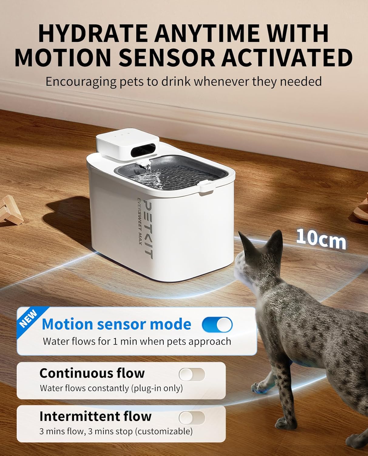 PETKIT EVERSWEET MAX Cordless Cat Water Fountain with Motion Sensor, 101 oz/3L Pet Fountain for Cats Dogs Inside, Automatic Cat Water Dispenser Battery Operated (White-Cordless, 3L)