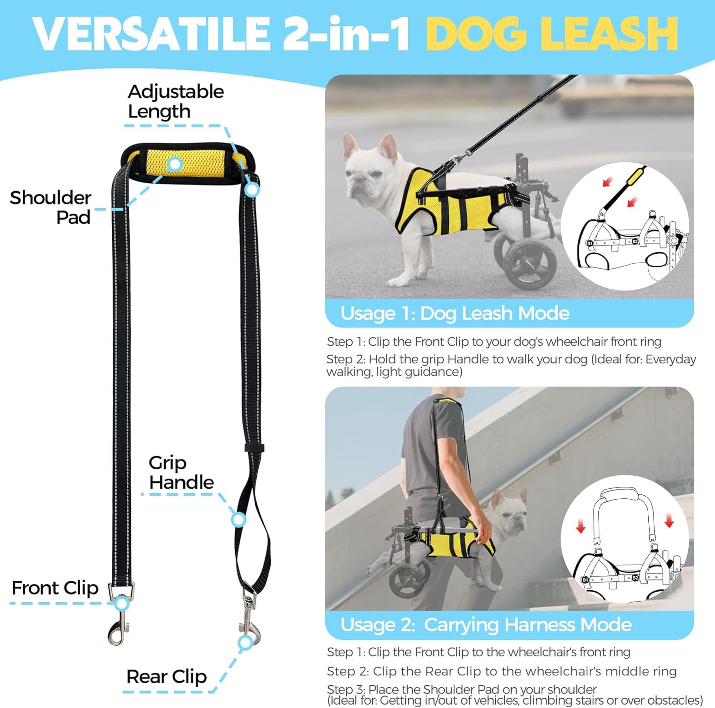 Dog Wheelchair for Back Legs, LED Small Wheelchair for Dogs with Portable Pet Lift, Adjustable Dog Wheels for Disabled Back Legs, Lightweight Dogs Carts with Wheels