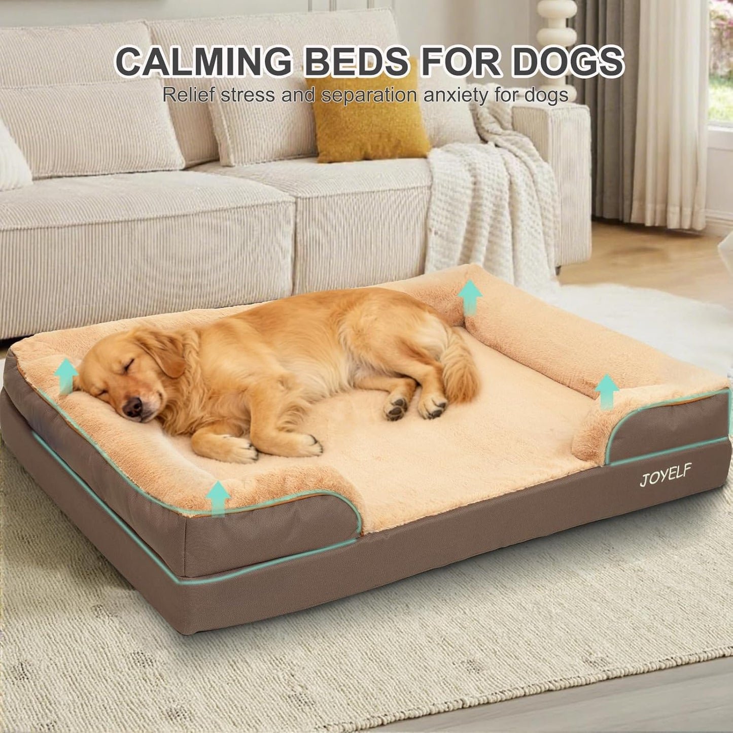 JOYELF Orthopedic Dog Bed for Medium Dogs, Foam Sofa Couch Bed, Bolster Waterproof Pet Bed with Removable Washable Cover and Nonskid Bottom for Small to Medium Dogs - Coffee