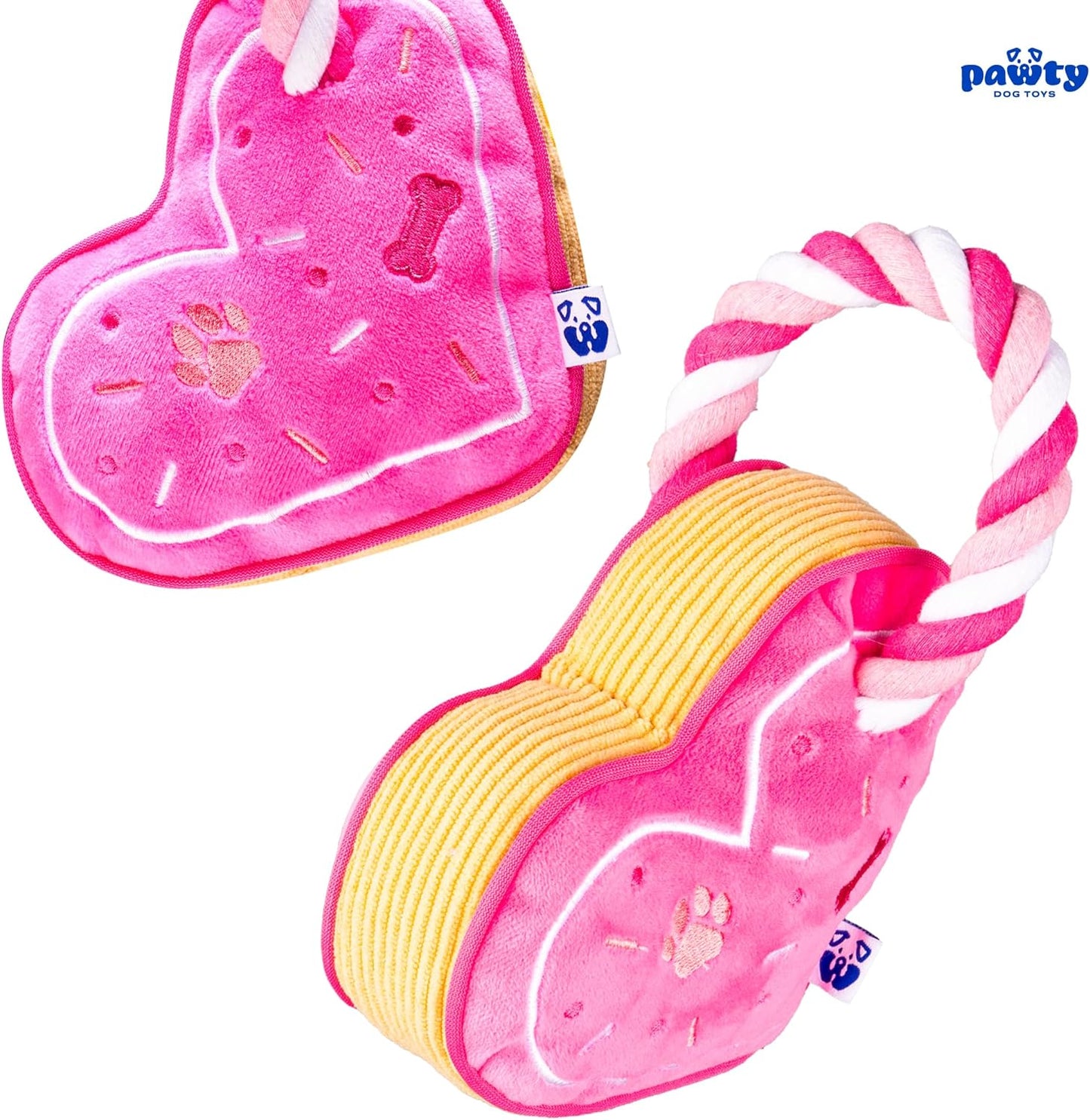 PAWTY Love Heart Dog Toy - Plush Valentine's Gift with Squeaker - Interactive Tug Rope Chew Toy for Small & Medium Dogs - Cute Pink Dog Toy for Birthday, Teething & Playtime - Durable & Adorable
