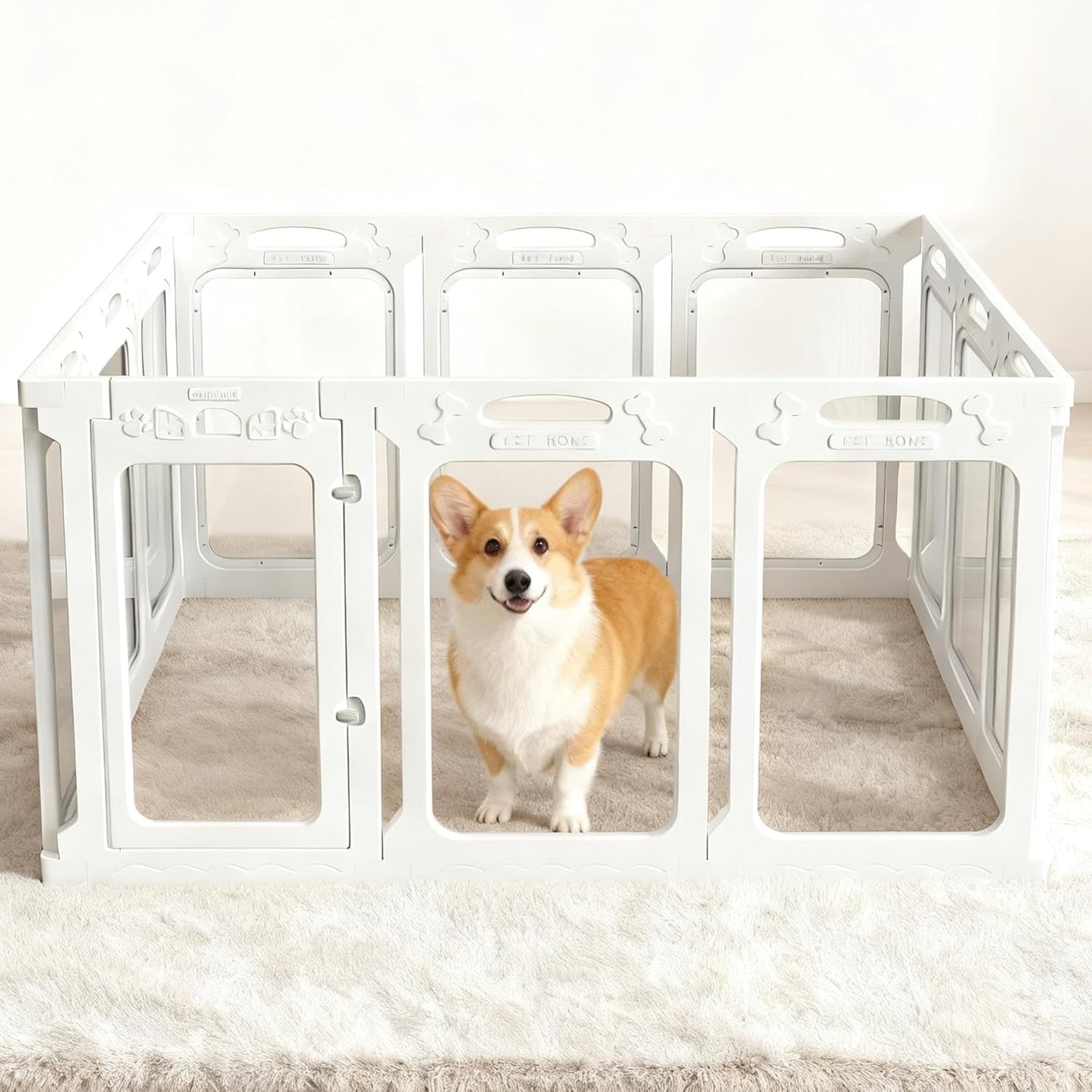 Clear Acrylic Dog Playpen with Toilet for Puppies & Small Dogs, Height 24 Inch,12 Panels, White