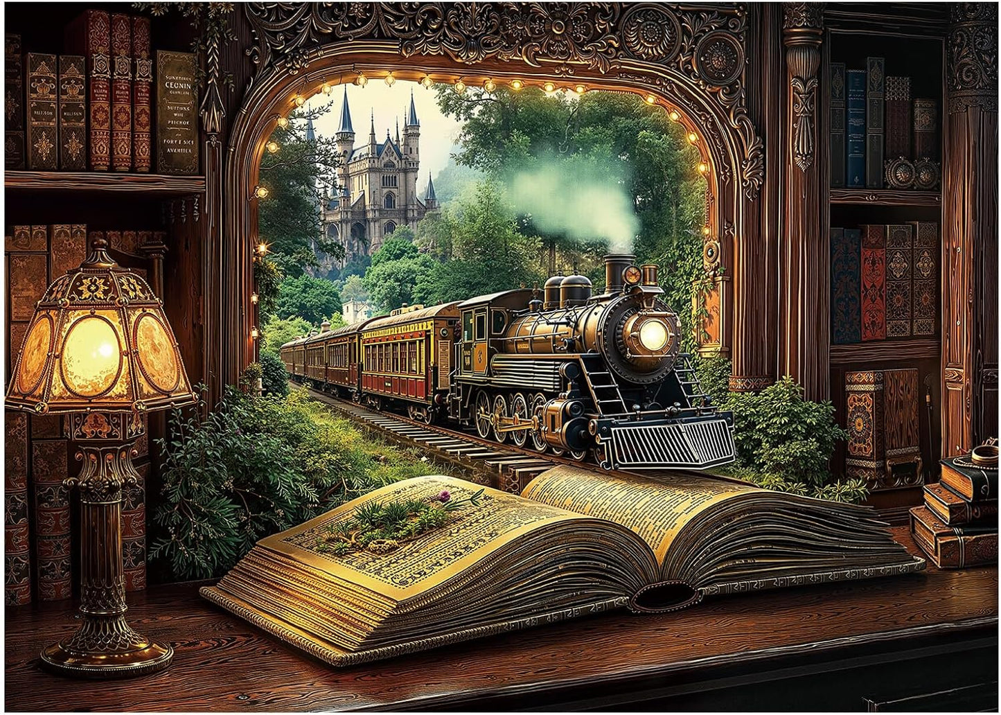 Train Forest Book Puzzle 1000 Pieces for Adults, Magic Vintage Plant Jigsaw Puzzles Castle, Fantasy Bookshelf Nature Tree Puzzles