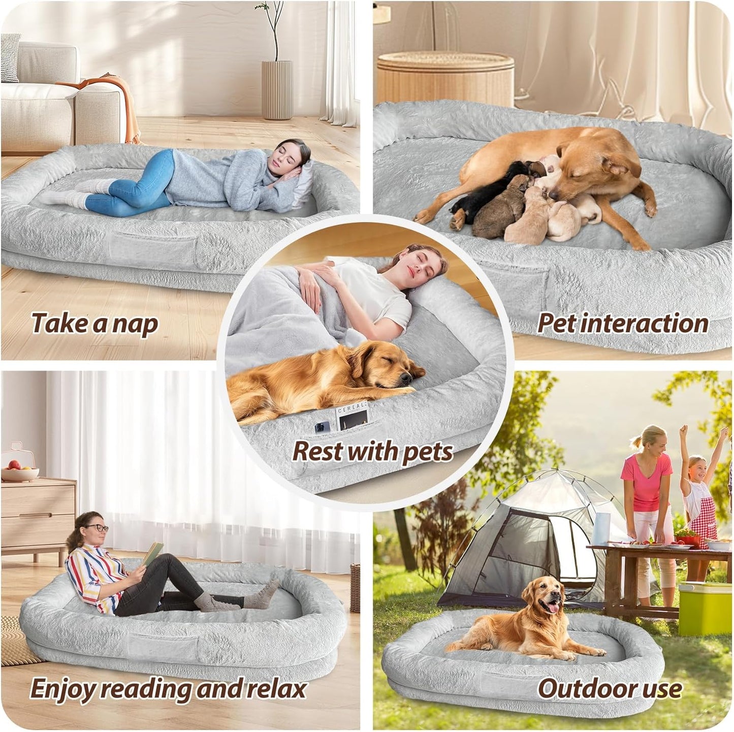 L&W BROS. Human Dog Bed for Adults - XL Orthopedic Dog Bed with Memory Foam and Faux Fur Cover - 71" X47"W X12 H - Ultimate Comfort for You and Your Furry Friend (Light Gray)