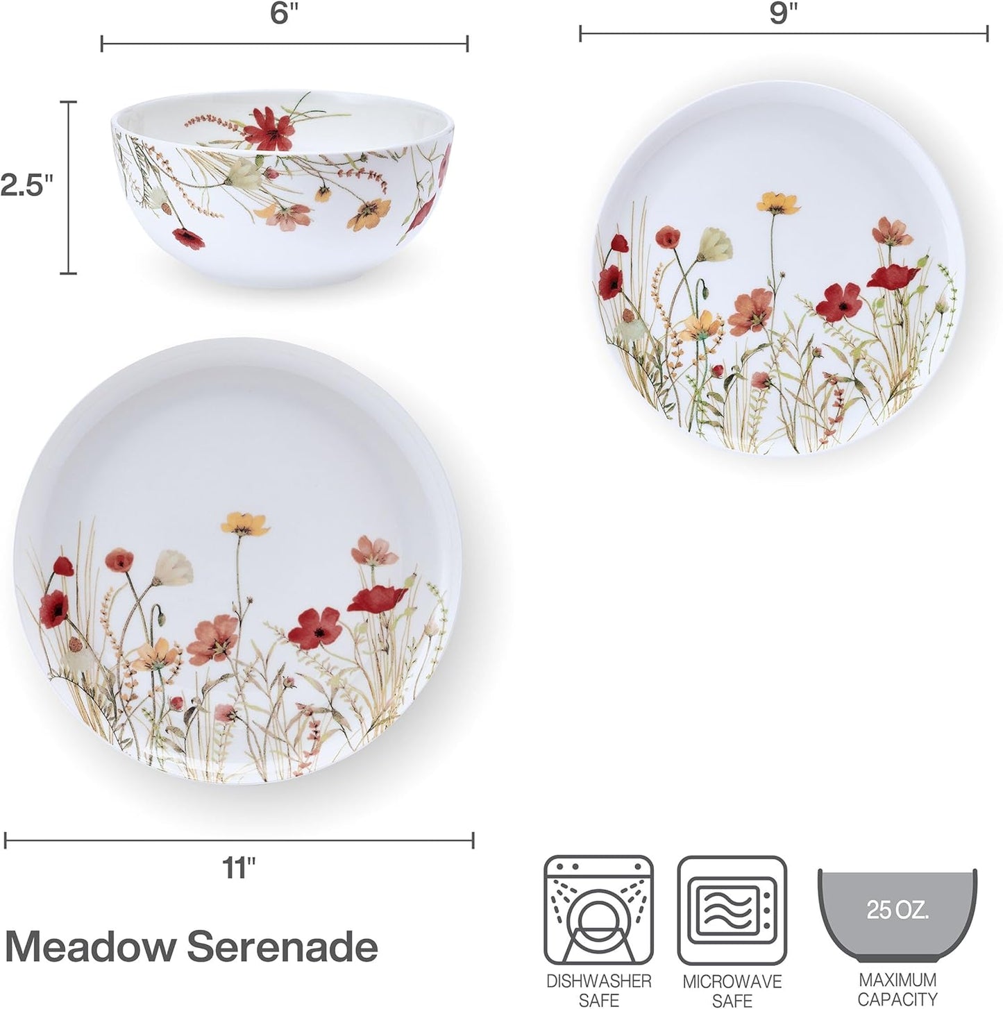 Mikasa Meadow Serenade 12 Piece Floral Bone China Durable Chip Resistant Lightweight Dinnerware Set, Service for 4