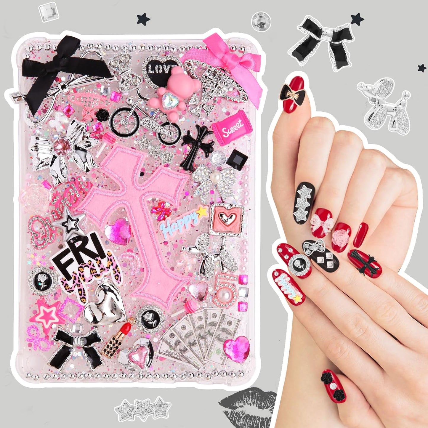 EIiovcnya 2380 Pcs Junk Phone Case Charms Kit, Charms for Customizing DIY Cases, with Nail Accessories, Cute Bow, Star, Candy, Letter Beads, Flatback Aesthetic Big Decor Easter Basket Stuffers Gift