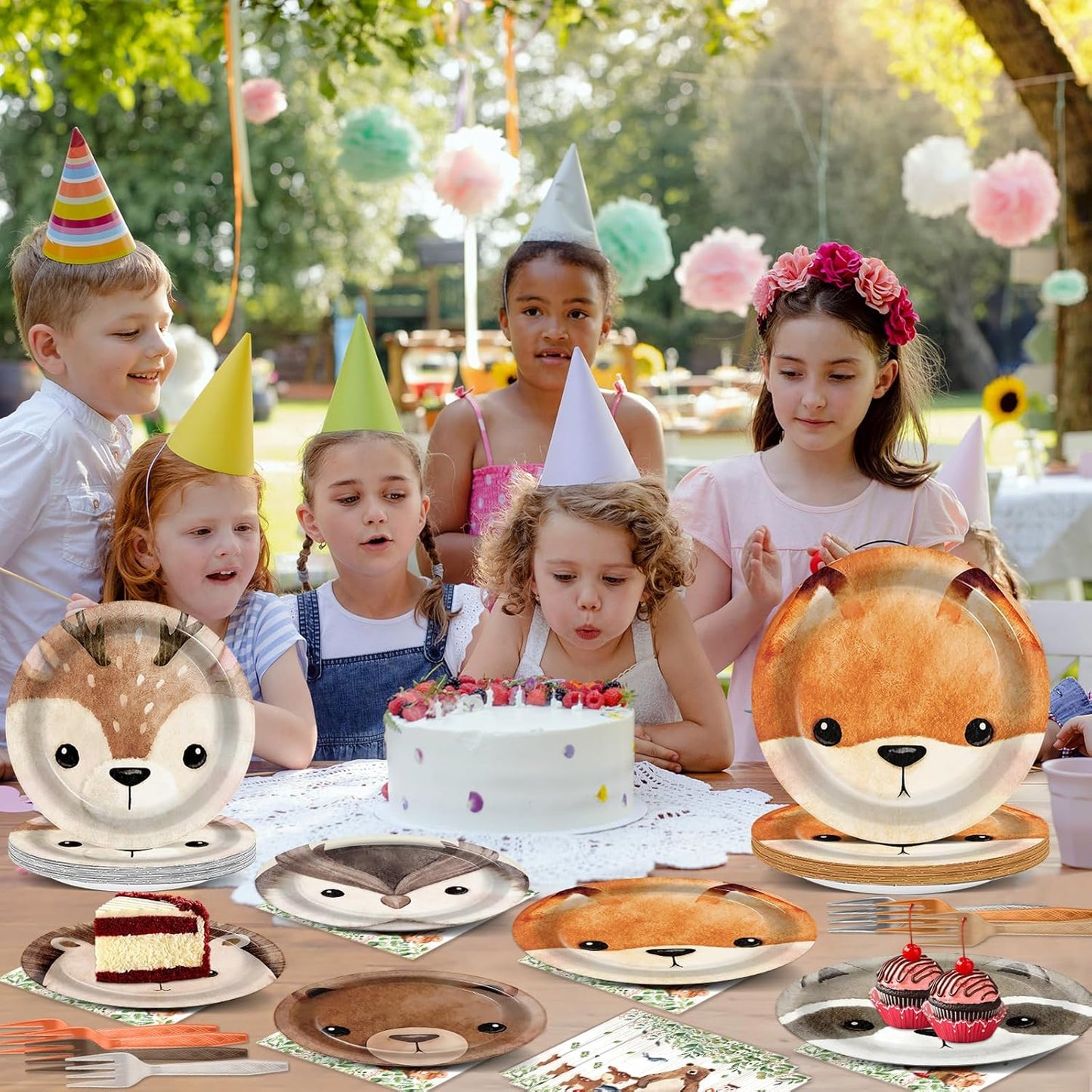 96Pcs Woodland Party Paper Plates and Napkins for Animal Party Decorations Woodland Creatures Dessert Plates Disposable Tableware for Kids Serves 24 Baby Shower Birthday Forest Animal Themed Supplies
