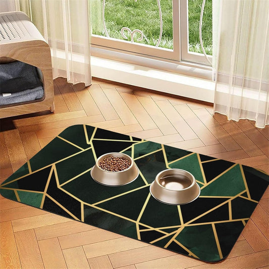Black and Gold Geometric Pet Feeding Mat 40x60cm Absorbent Leather Dog Cat Food Mats Non-Slip Dog Bowl Mats for Food and Water, Quick Dry Pets Placemats for Cats and Dogs Water Bowl