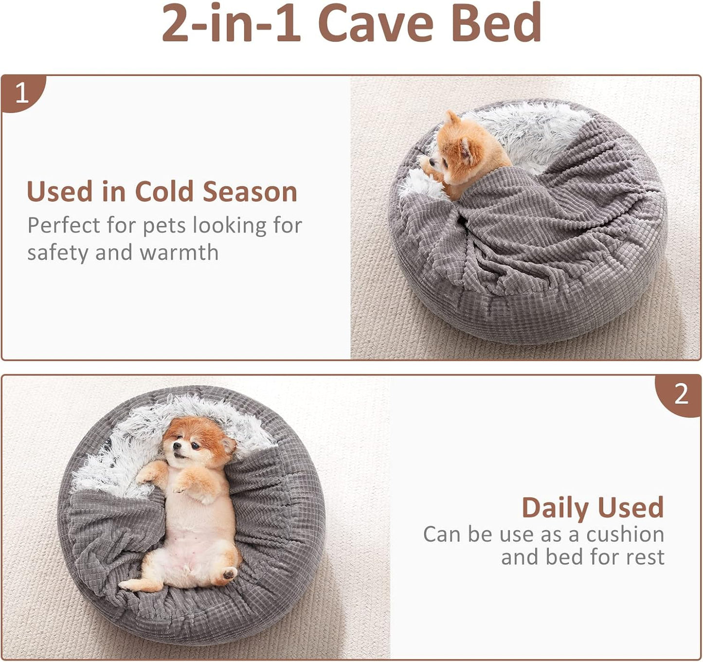 MIXJOY Dog Bed with Blanket, Round Calming Cozy Cave for Medium Dogs, Soft Plush Cuddler Puppy Bed and Burrow Cave, Anti-Slip Bottom, 26inch