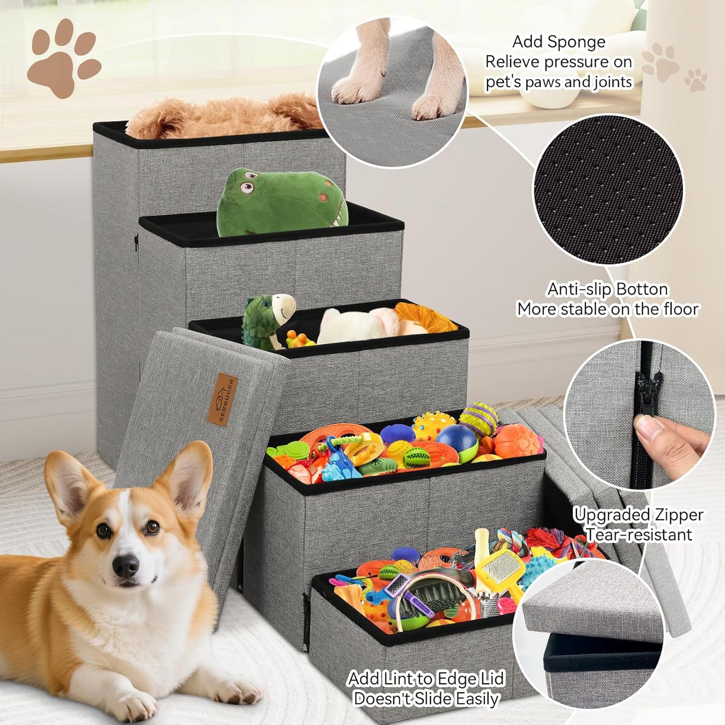 Dog Stairs for High Beds, Folding Pet Stairs Gift for Dogs Puppy with Storage for Bed Couch, Cat Dog Ramp Hold Up to 200 lbs (Gray, 5 Steps No Condo(49" D x 17" W x 26" H))