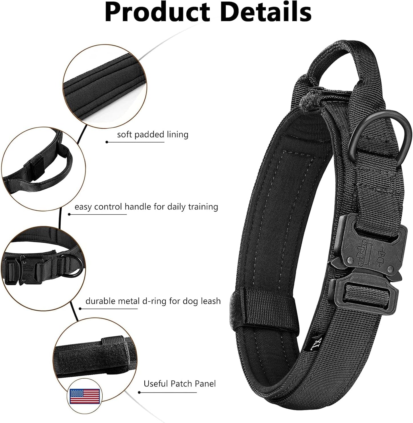 DAGANXI Tactical Dog Collar, Adjustable Military Training Nylon Dog Collar with Control Handle and Heavy Metal Buckle for Medium and Large Dogs, with Patches and Airtags Case (L, Black)