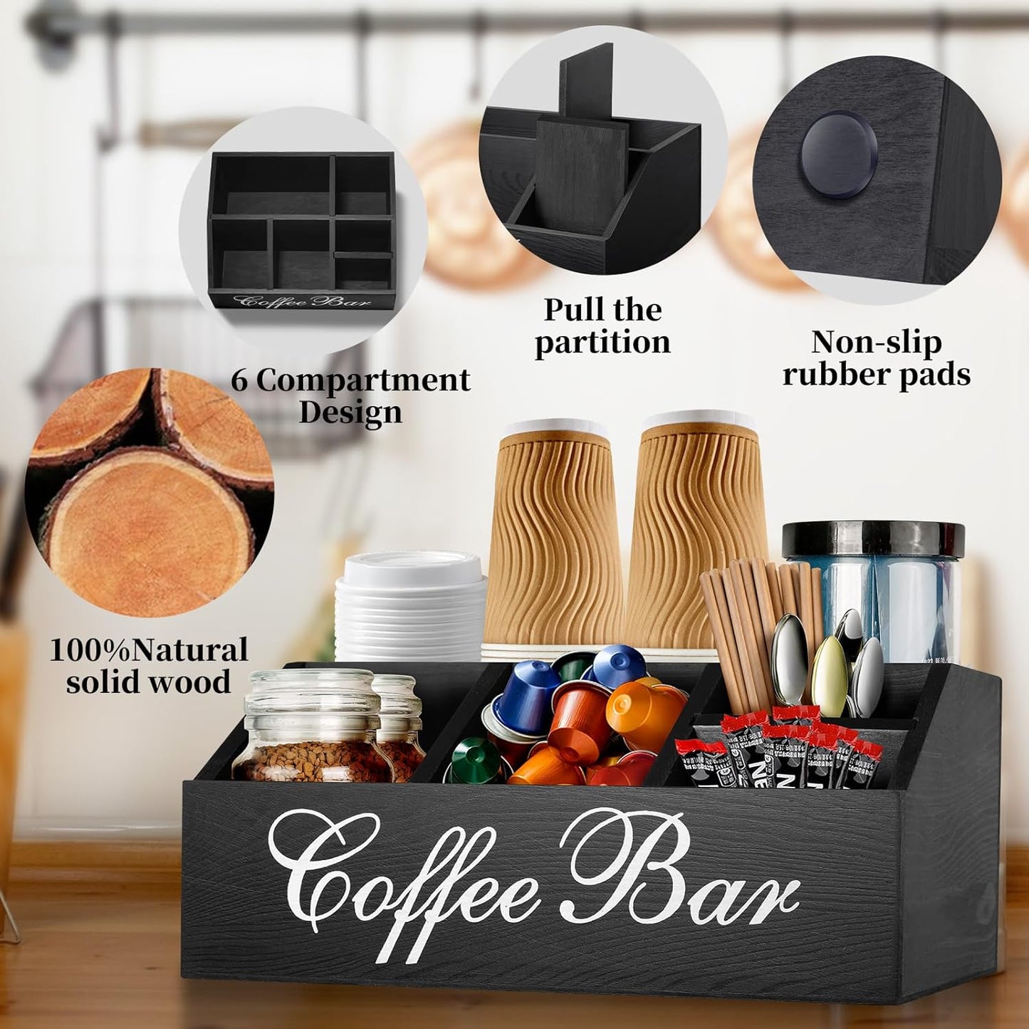 Coffee Station Organizer Pods Holder for Counter, Farmhouse Wood Coffee Bar Accessories and Tea Condiment Basket Storage Organizer Decor
