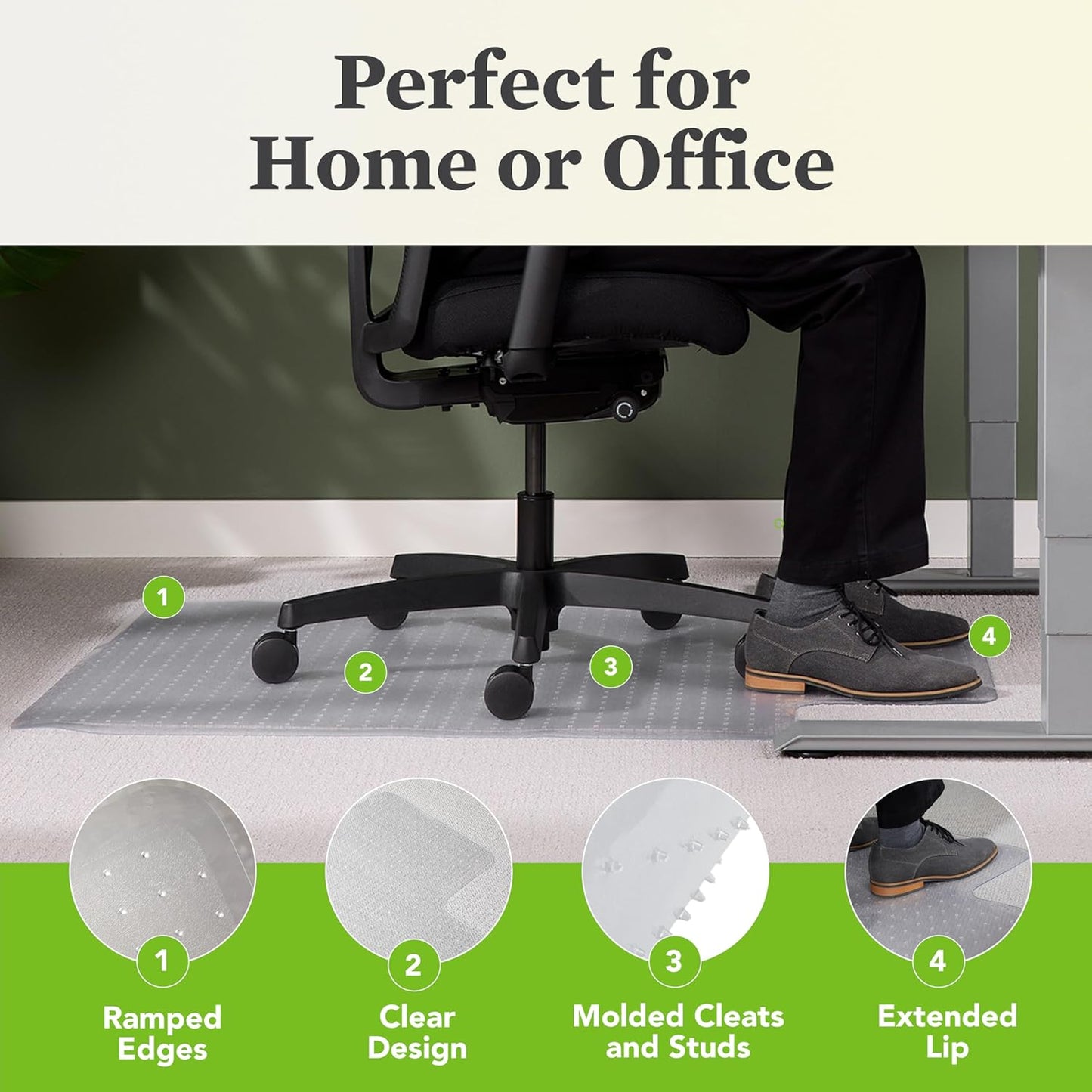 HON Office Chair Mat for Carpet, Computer Desk Chair Mat for Carpeted Floors, Easy Glide in Office or Home with Extended Lip (36” x 48”)