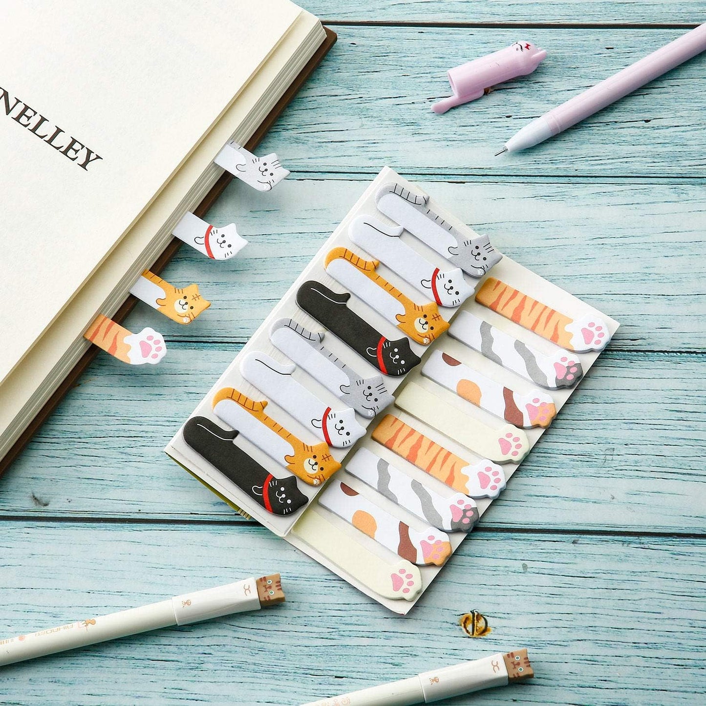 Outus 14 Sets Cute Cat Pens Stationary Set, 12 Pcs 0.5mm Cat Design Gel Pens and 320 Pcs Kawaii Sticky Notes Page Bookmarks Tab for Kitten Lovers Kids Women Office School Classroom Supplies