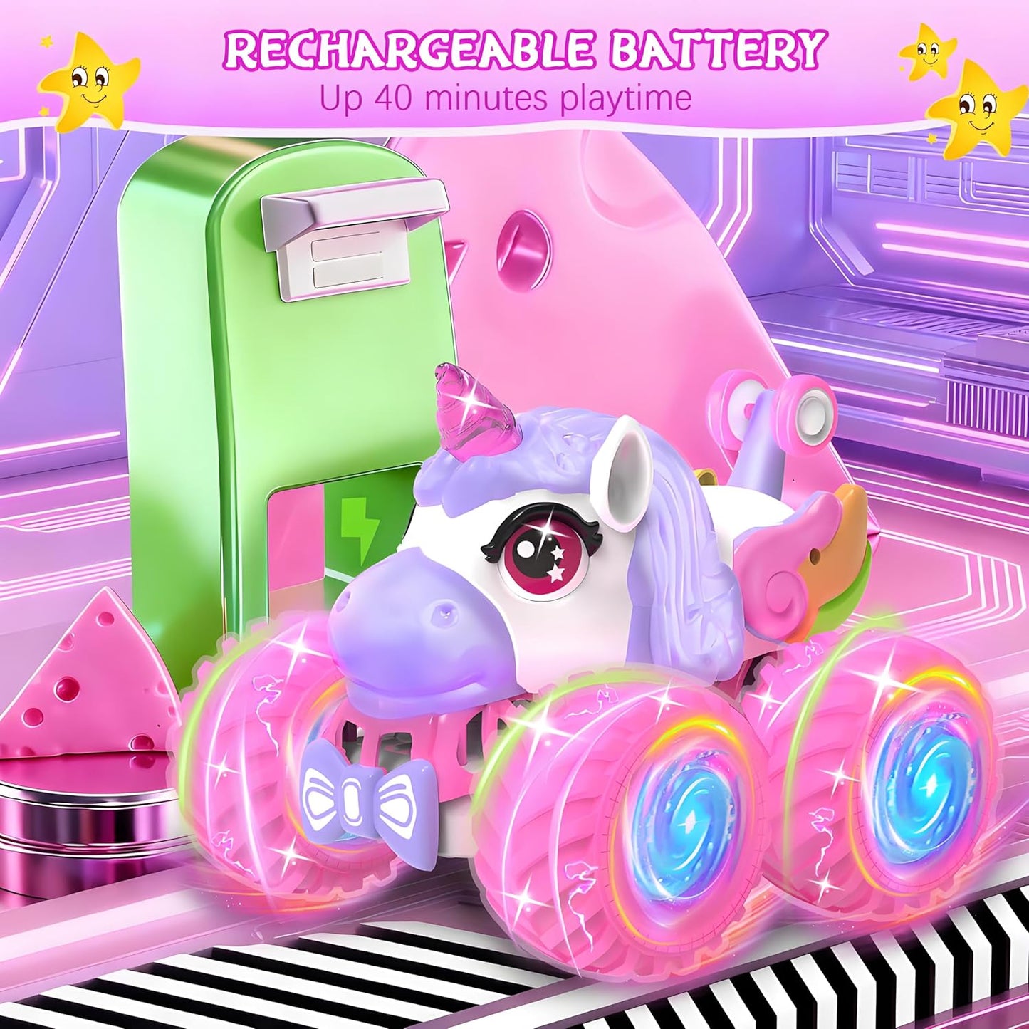 Remote Control Car for Girls, Unicorn Toys for Girls Age 3+, 360° Rotating 4WD 2.4 GHz RC Stunt Cars with Light and Music, Unicorn Gifts Presents Christmas Stocking Stuffers for 3 4-6 6-8