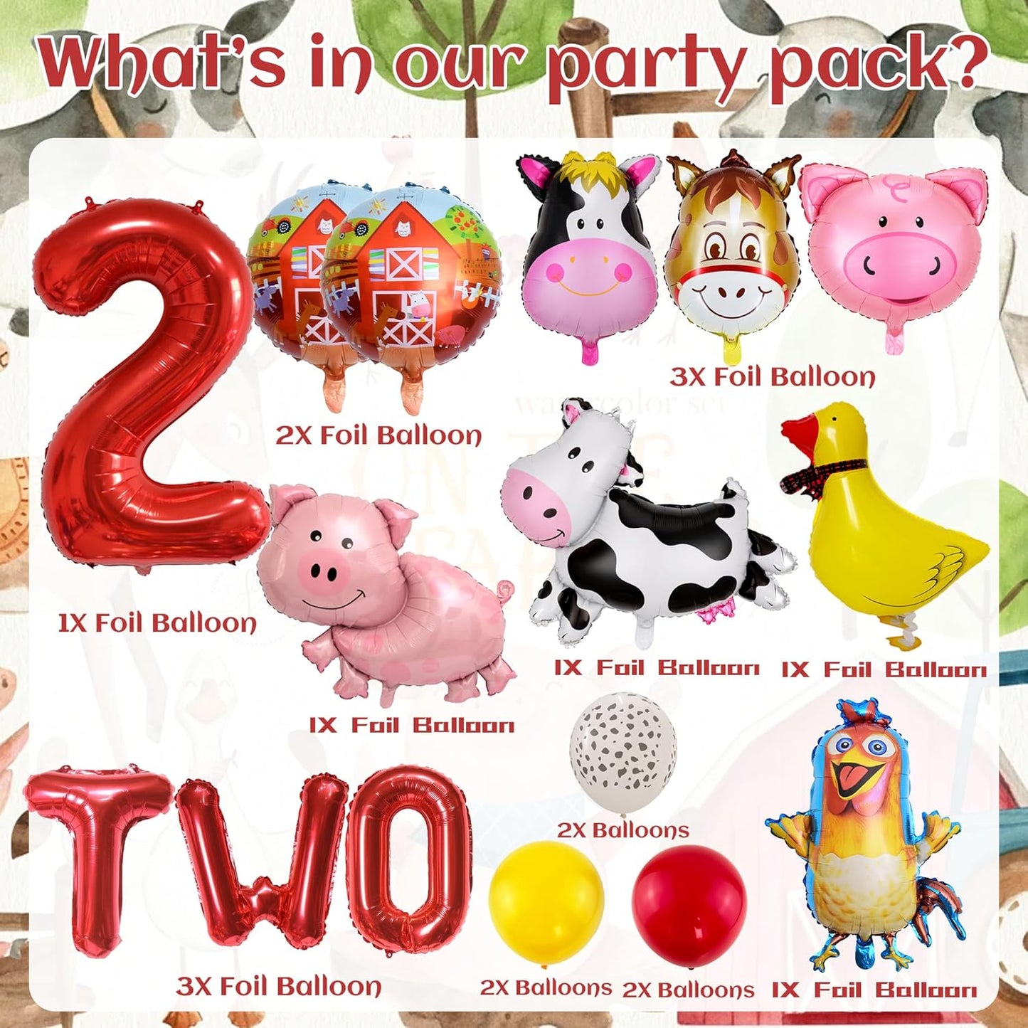 Farm Birthday Party Supplies 2 Year Old Farm Balloons Set Includes Round Farm Animal Letter Number 2 Foil Latex Balloons, Suitable for Farm Party