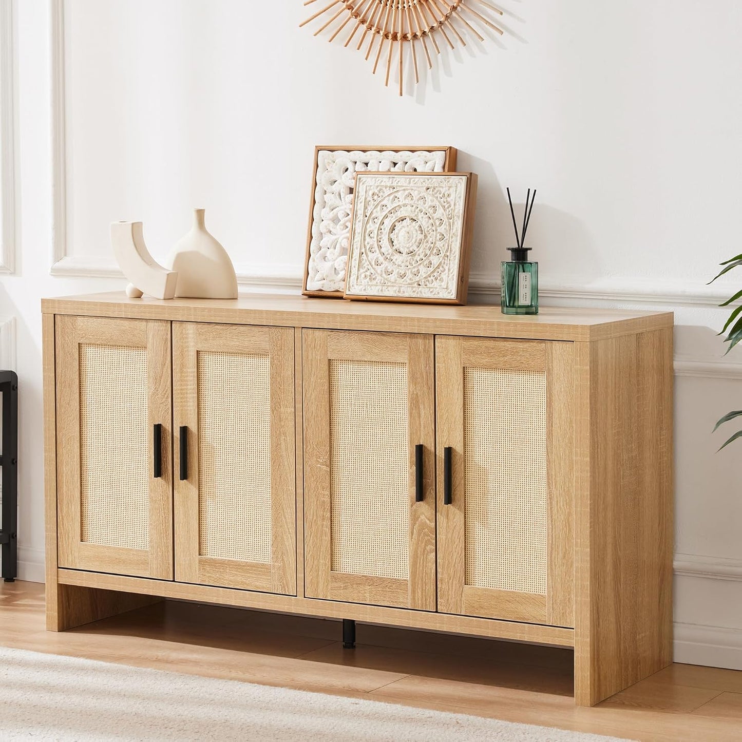 Mericonia Rattan Buffet Cabinet with Storage, Sideboard Cabinet with Doors and Adjustable Shelves, Farmhouse Coffee Bar Station Table, Modern Wood Cupboard for Kitchen, Livingroom and Dining Room