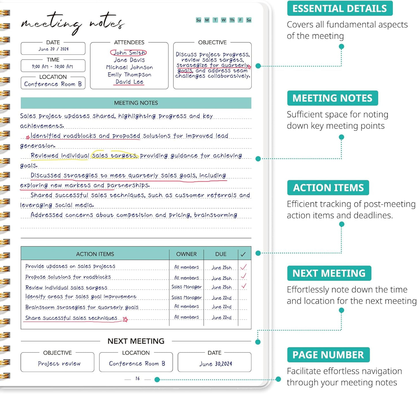 Meeting Notebook for Work Organization - Work notebook with action items, Meeting Minutes Planner Notebook, Perfect Office Supplies for Men & Women - Garden
