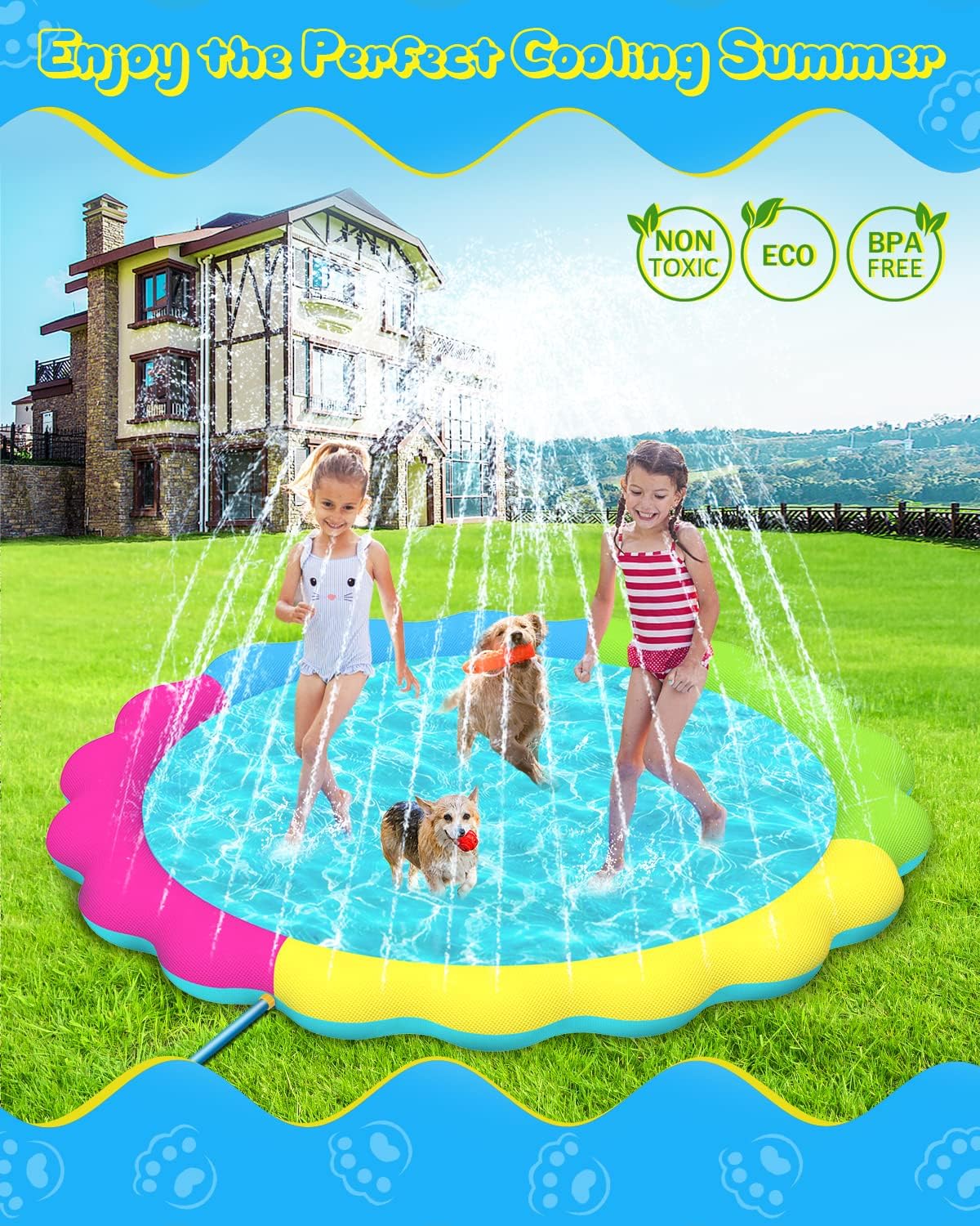 Raxurt Dog Splash Pad, 75in Anti-Slip Dog Pool Splash Pad for Dogs Kids 0.55mm Thickened Durable Bath Pool Pet Summer Outdoor Water Toys Backyard Fountain Play Mat, Colorful