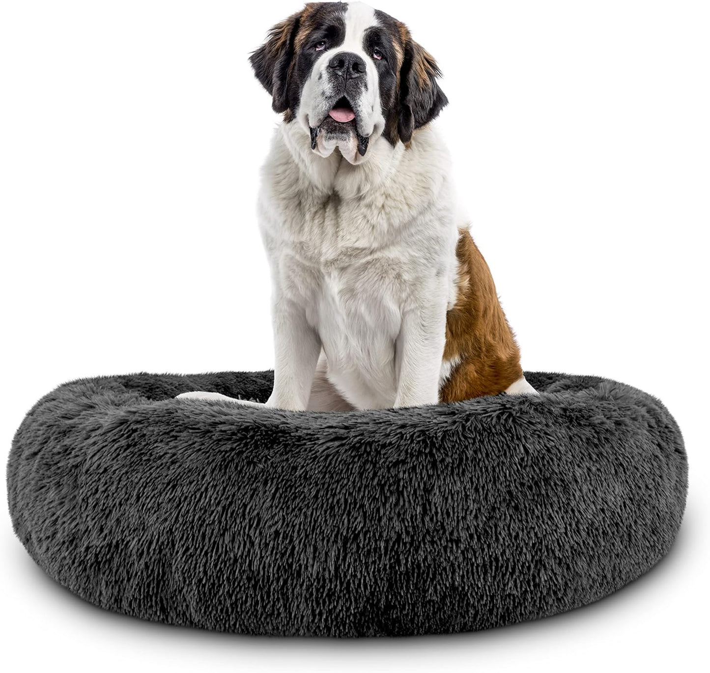 The Dog’s Bed Calming Donut Dog Bed, Plush Faux Fur Round Cuddler Nest, Removable Washable Zip Cover – XXL (54"), Grey