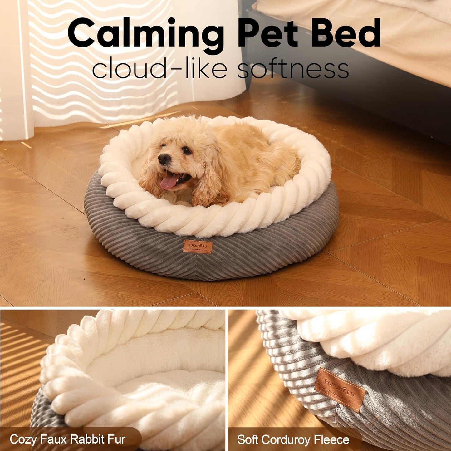 FUKUMARU Dog Bed, Calming Donut Dog Beds, Plush Faux Fur&Corduroy Cat Beds, Cute Round Washable Pet Bed for Large Cats and Small Dogs, Cat Cave with Anti-Slip Bottom, 25inch, Grey