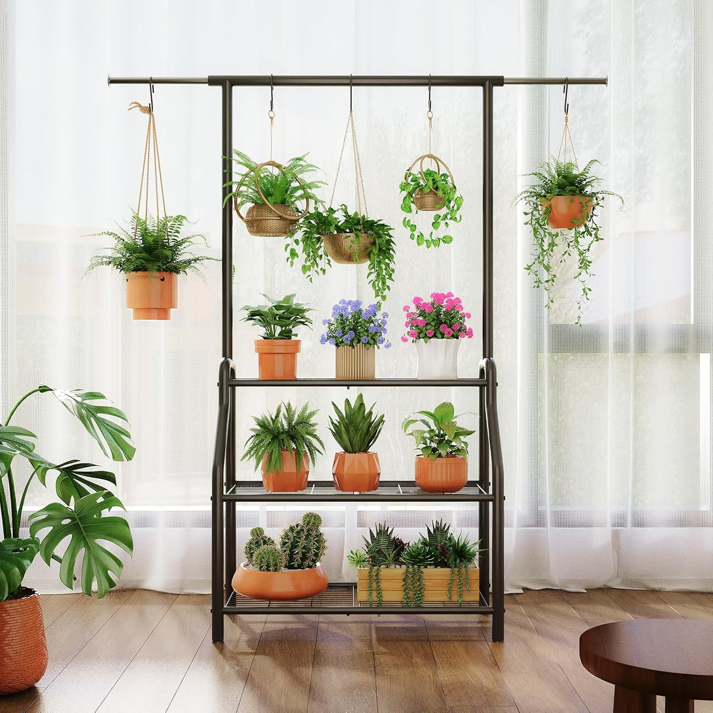 Plant Stand Indoor Outdoor, 3-Tier Heavy Duty Metal Hanging Plant Shelf, 61'' Tall Large Plant Holder Rack for Multiple Big Pots, Flower Stand for Living Room, Garden, Balcony, Black