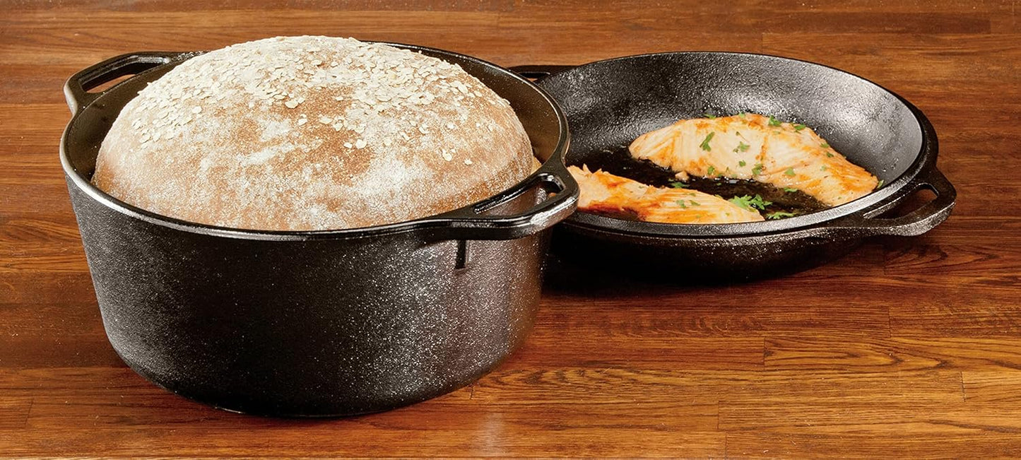 Lodge Cast Iron Double Dutch Oven - Pre-Seasoned 2-in-1 Cast Iron Cookware - Pot & Skillet Combo - Even Heat Retention - Oven-Safe, Versatile Pot - 5 Quart