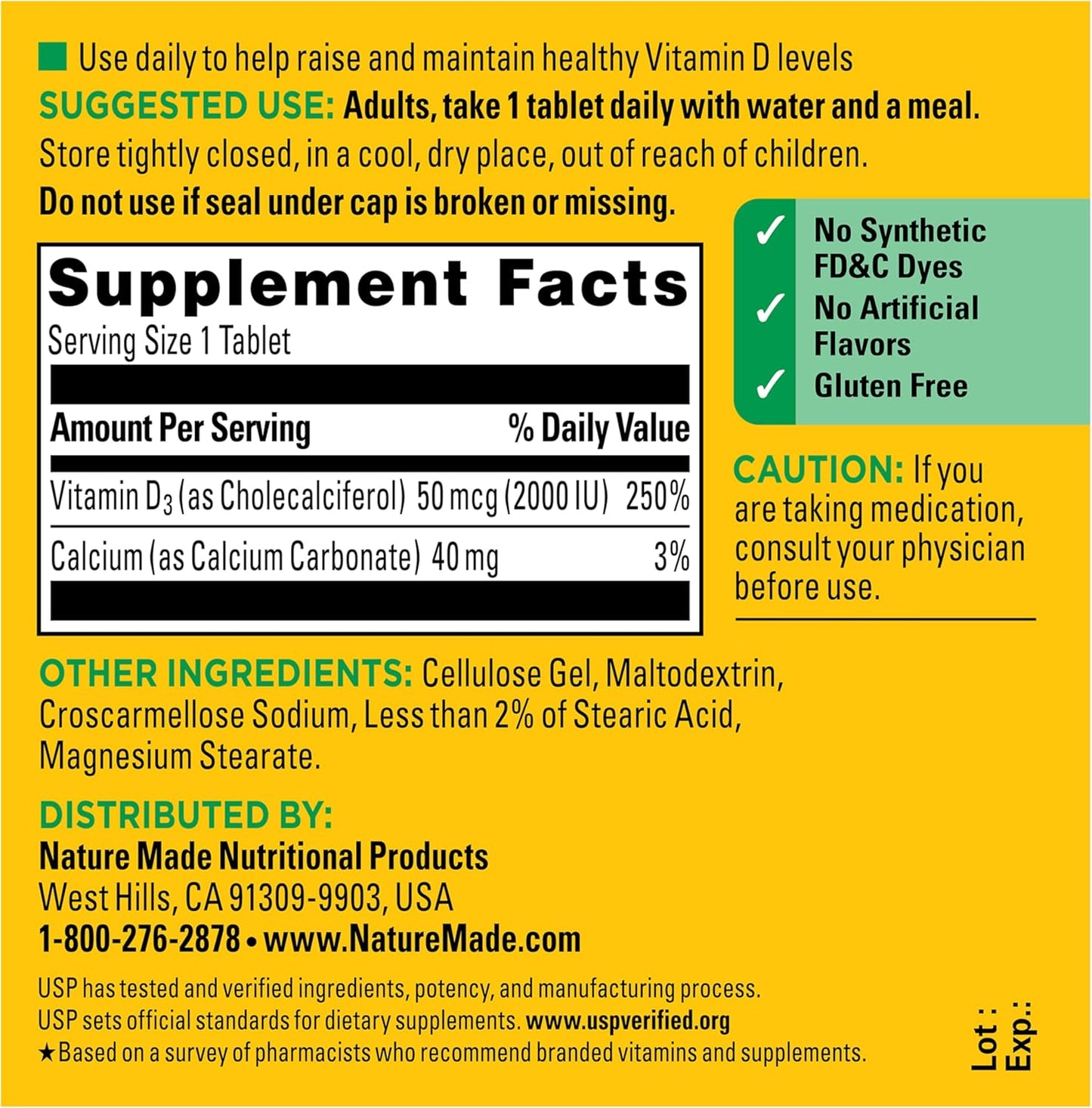 Nature Made Vitamin D3 2000 IU (50 mcg), Vitamin D Supplement for Bone, Teeth, Muscle and Immune Health Support, 100 Tablets, 100 Day Supply